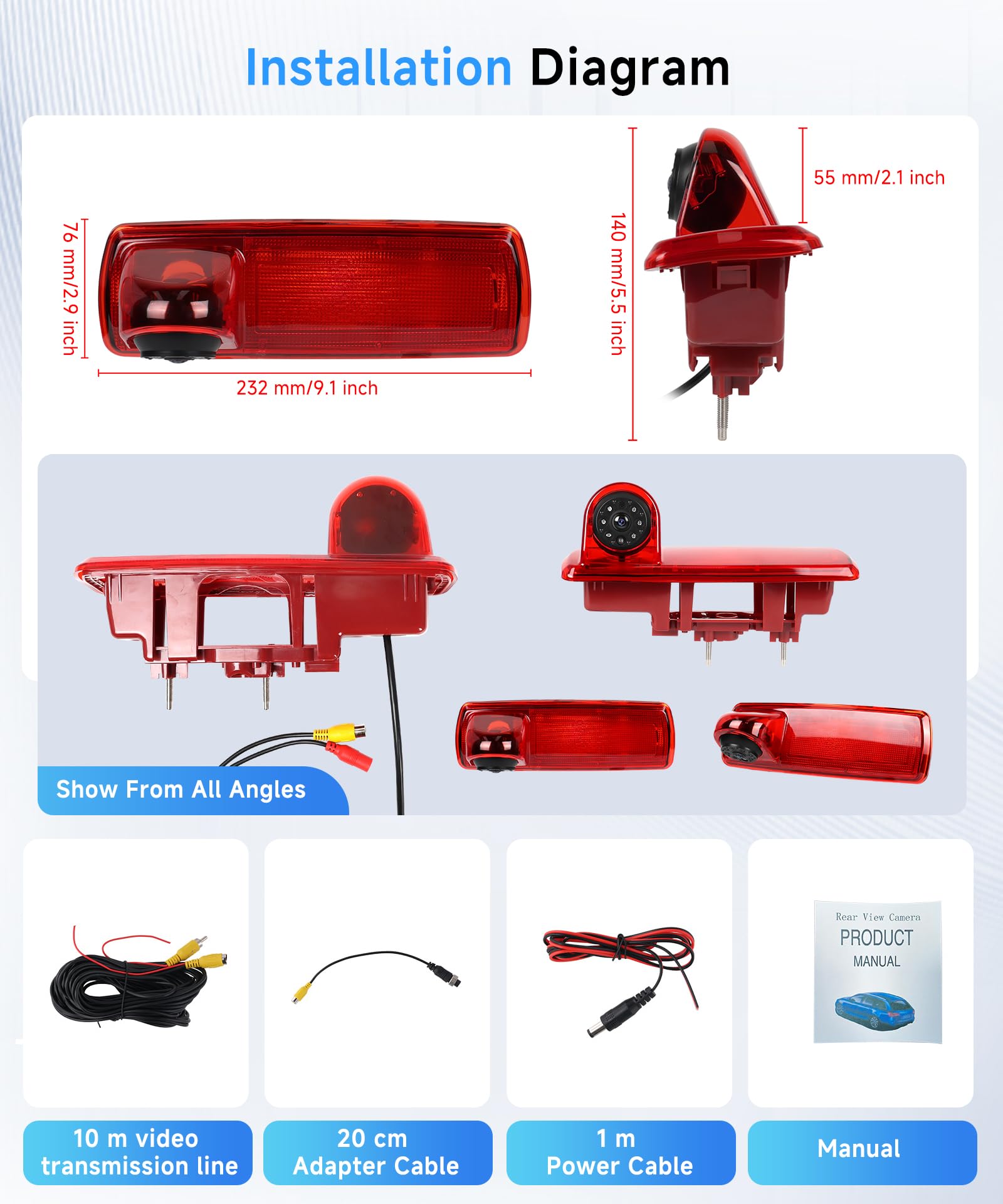 Hodozzy Caméra de Recul pour Renault trafic 2014/Opel Vivaro 2014,Caméra de Troisième Feu Stop de Voiture,Vision Nocturne IR, Etanche IP67,Angle Réglable,avec Ligne Inversée
