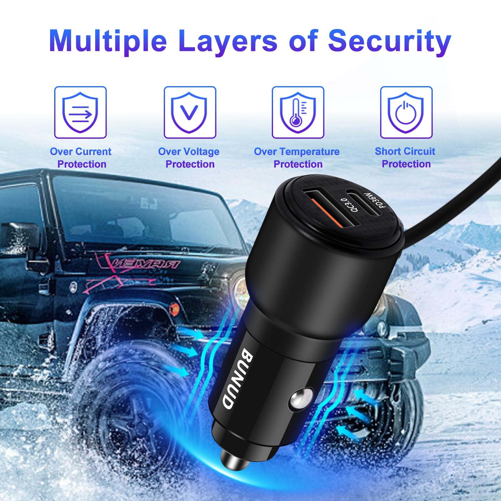 BUNUD Caricabatteria da auto USB C: 66 W, ricarica rapida, adattatore per accendisigari PD&QC3.0, doppia porta con cavo retrattile da 1,5 m, per iPhone 16/15/Galaxy S24/S23, ideale per conducenti