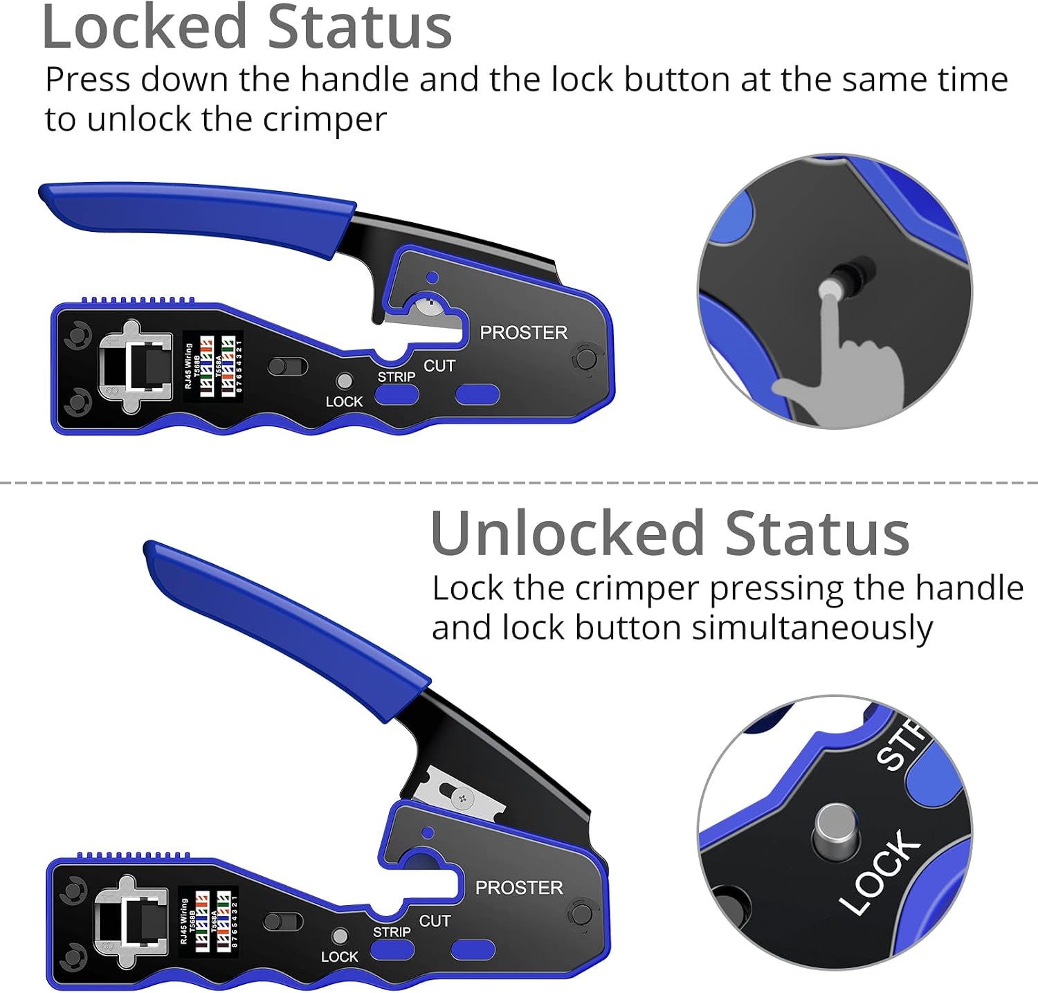 Proster RJ45 Crimp Tool Set All-in-one Stripper Cutter with 50 PCS CAT6 Pass Through Connectors 50 PCS RJ45 Cat6 Protection Covers