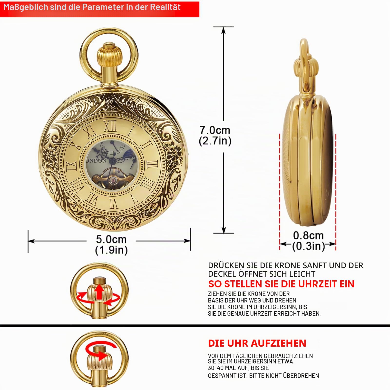 Tiong Vintage Unique Hollow Mechanical Steampunk Pocket Watch with Chain Skeleton Roman Numerals Pocket Watches for Men Gifts & Box