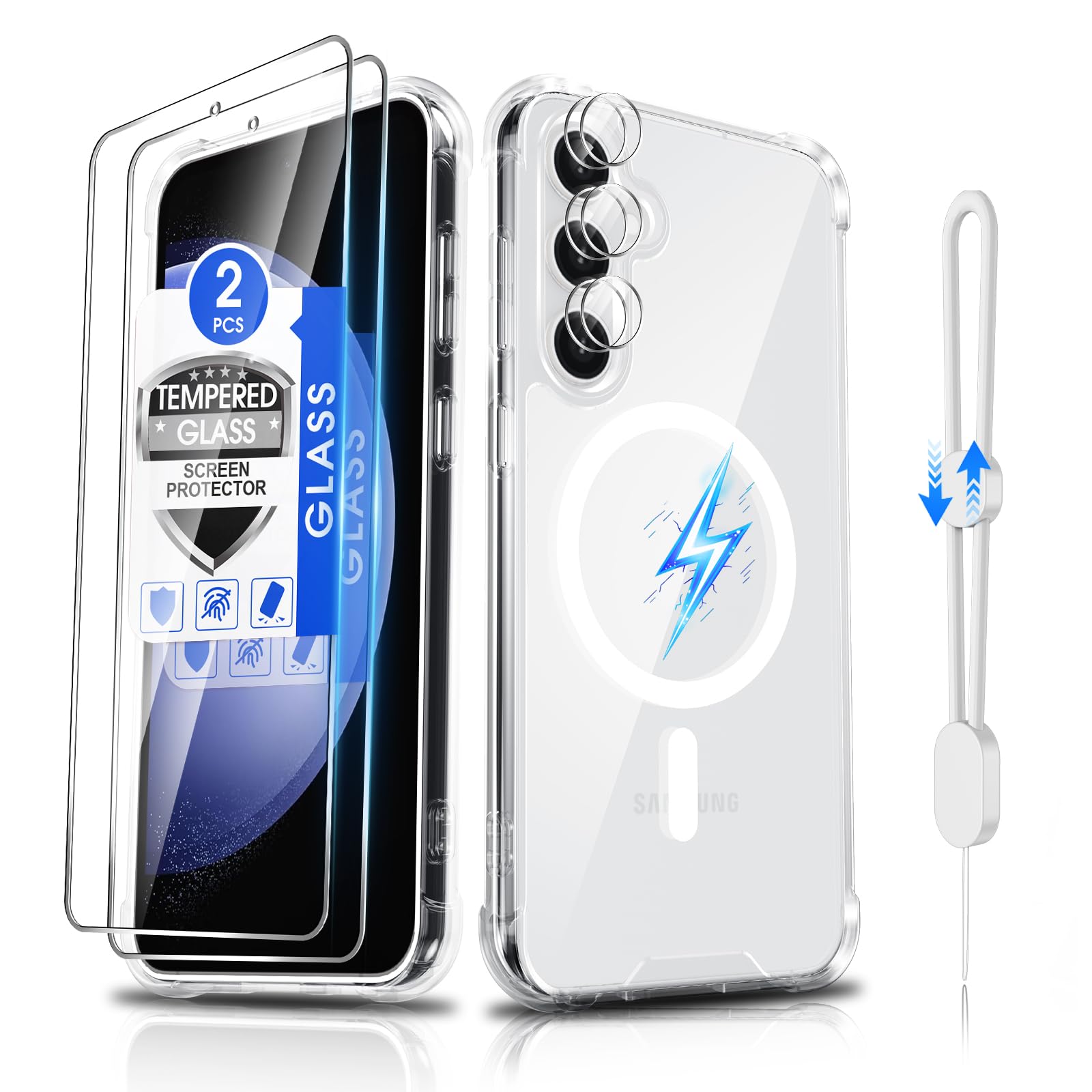 Dizn for Samsung Galaxy S23 FE Phone Crystal Case: [Not Fit S23/S23+],2 Tempered Glass &amp; 2 Camera Lens Protector,[Antil-Yellow],Compatible with Magsafe,with Strap,Shockproof Magnetic Case S23FE,Clear