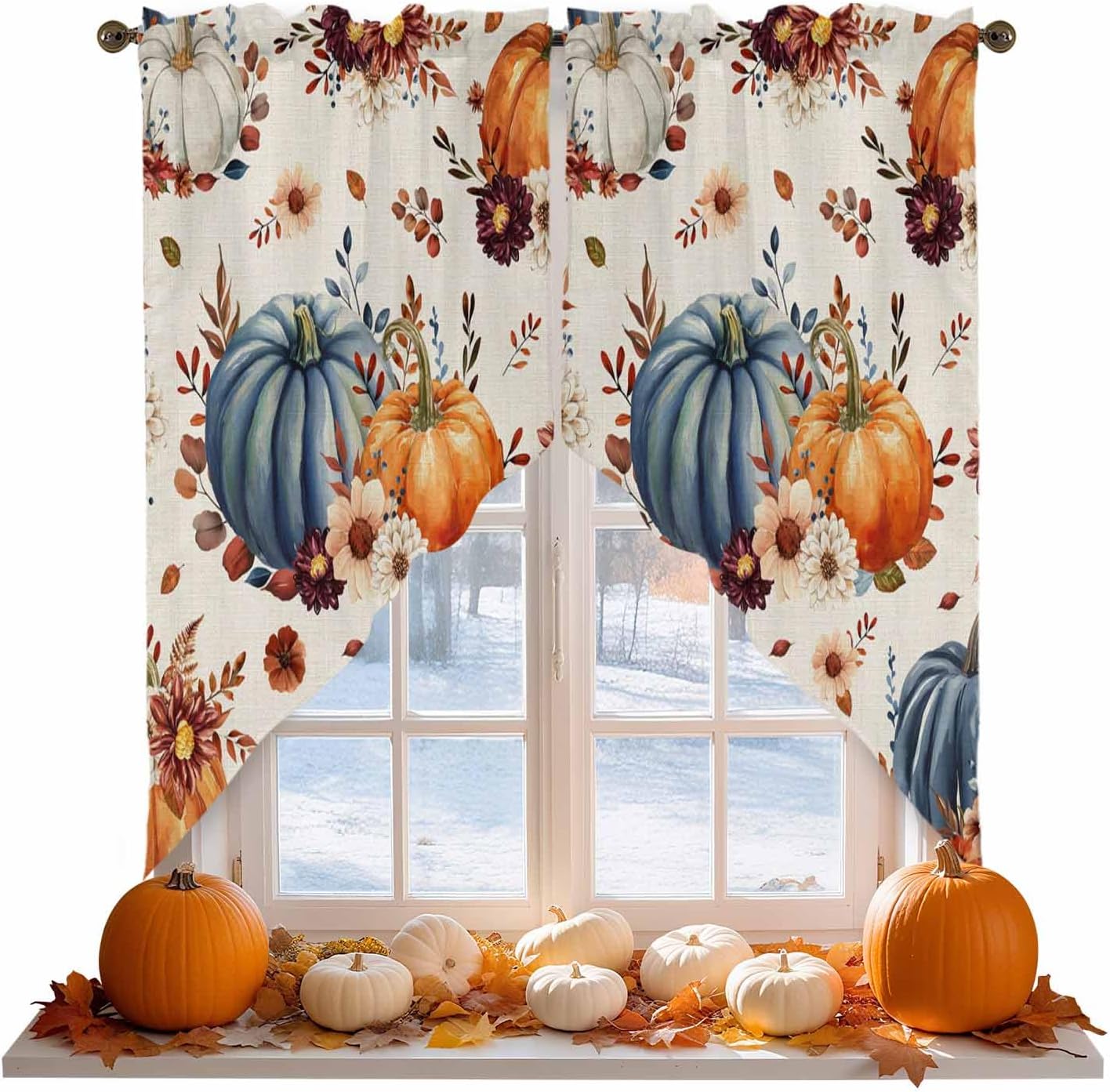 Orange Blue Fall Pumpkins Swag Valances for Windows 2 Pack, Kitchen Window Curtains 36 Inch Length, Floral Botanical Thanksgiving Rustic Privacy Swag Curtains for Living Room/Bathroom 36"x36"