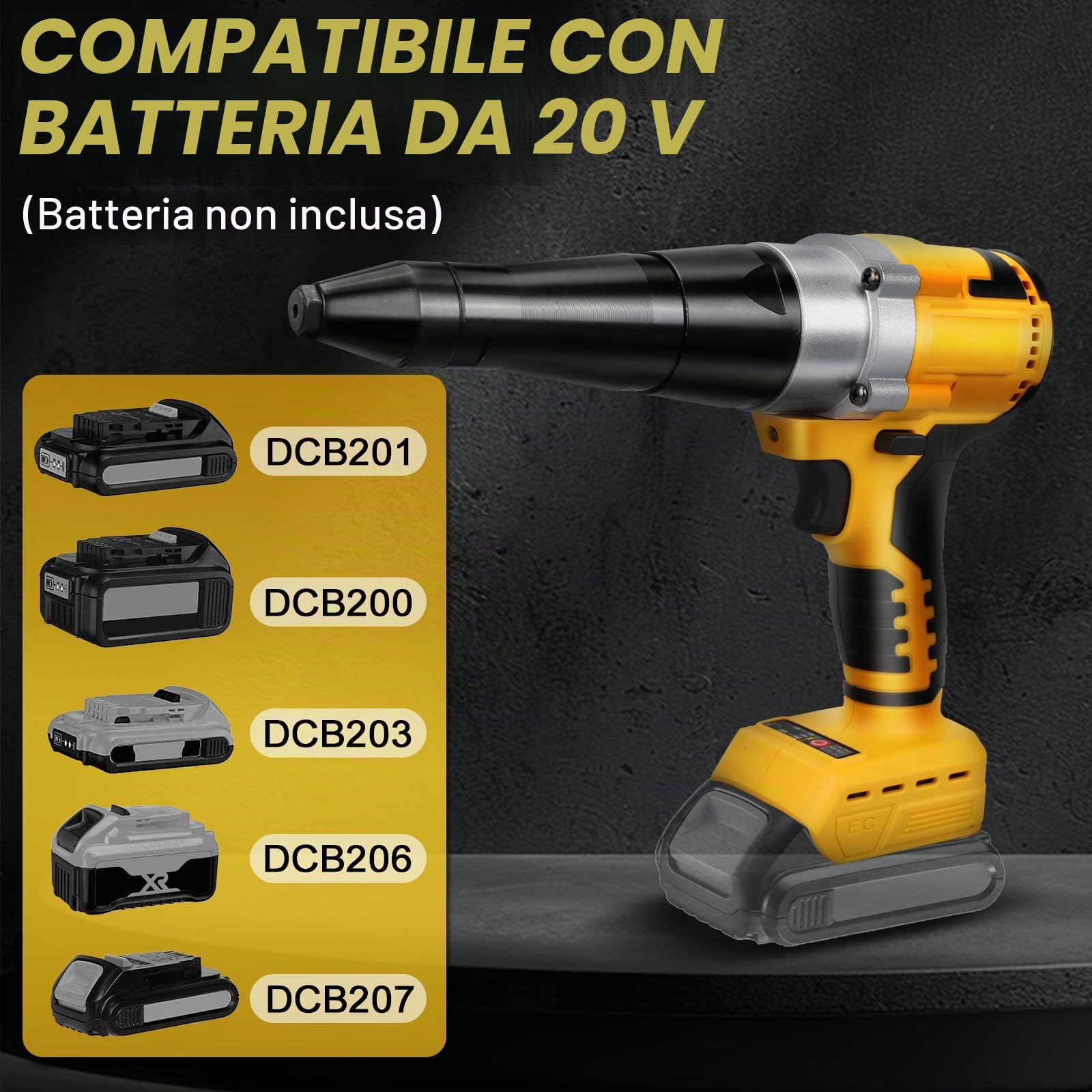 Rivettatrice a batteria con 20 rivetti per Dewalt 20V (senza batteria) | Pistola Rivettatrice Professionale Brushless, Luce LED, 3 Adattatori e Chiave, per Metallo, Plastica e Pelle