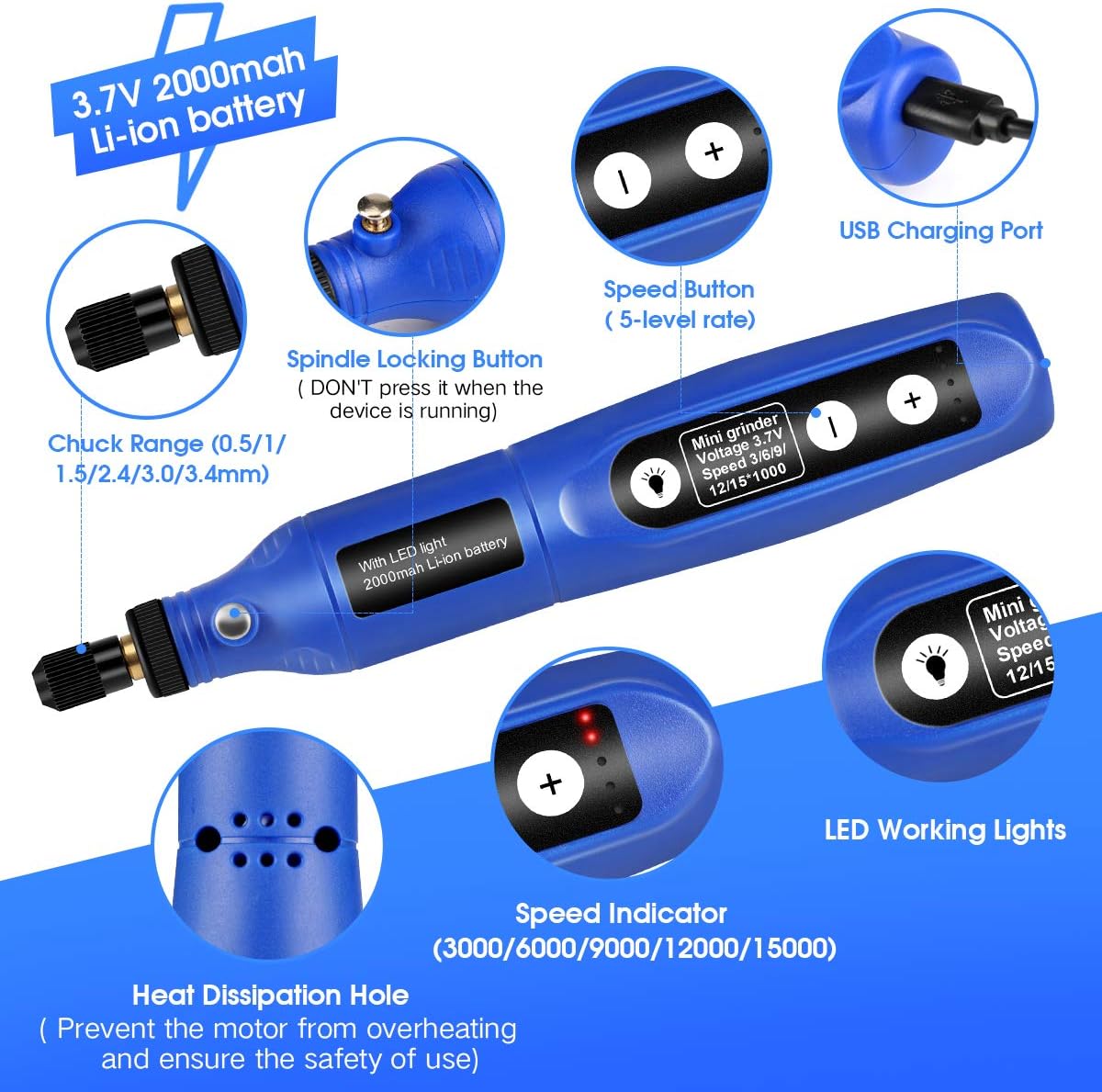 BYWOKY Cordless Rotary Tool, 3.7V Li-ion Mini Power Rotary Tool 5-Speed with 2.0 Ah Battery, Front LED Lights and 42pcs Accessories Kit for Drilling, Carving, Engraving, Sanding, Polishing and Cutting - - 