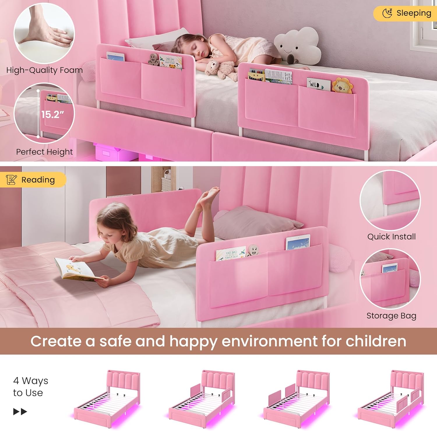 DICTAC Twin Size Princess Bed Frame with Storage Drawer and Safety Guardrails, LED Velvet Upholstered Platform Bed for Girls with Wavy Storage Headboard,Charging Station,Heavy Duty Metal Support, Pink
