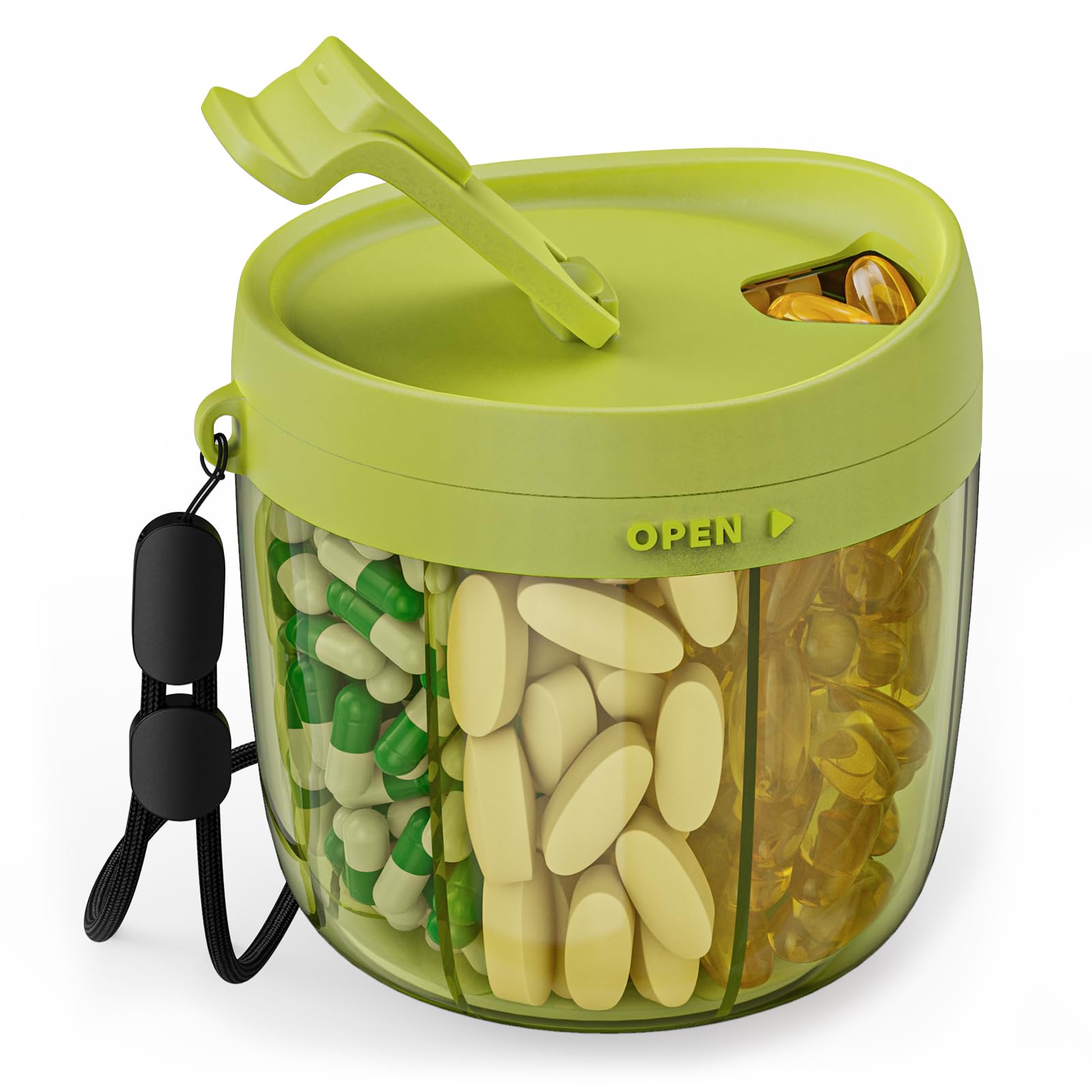 PULIV Portable Pill Dispenser Bottle, Vitamin Organizer with 7 Compartments, Holds Plenty of Supplements with Anti-Mixing & Wide Openings Design, Easy to Retrieve Meds, Includes 20 Pcs Labels Green