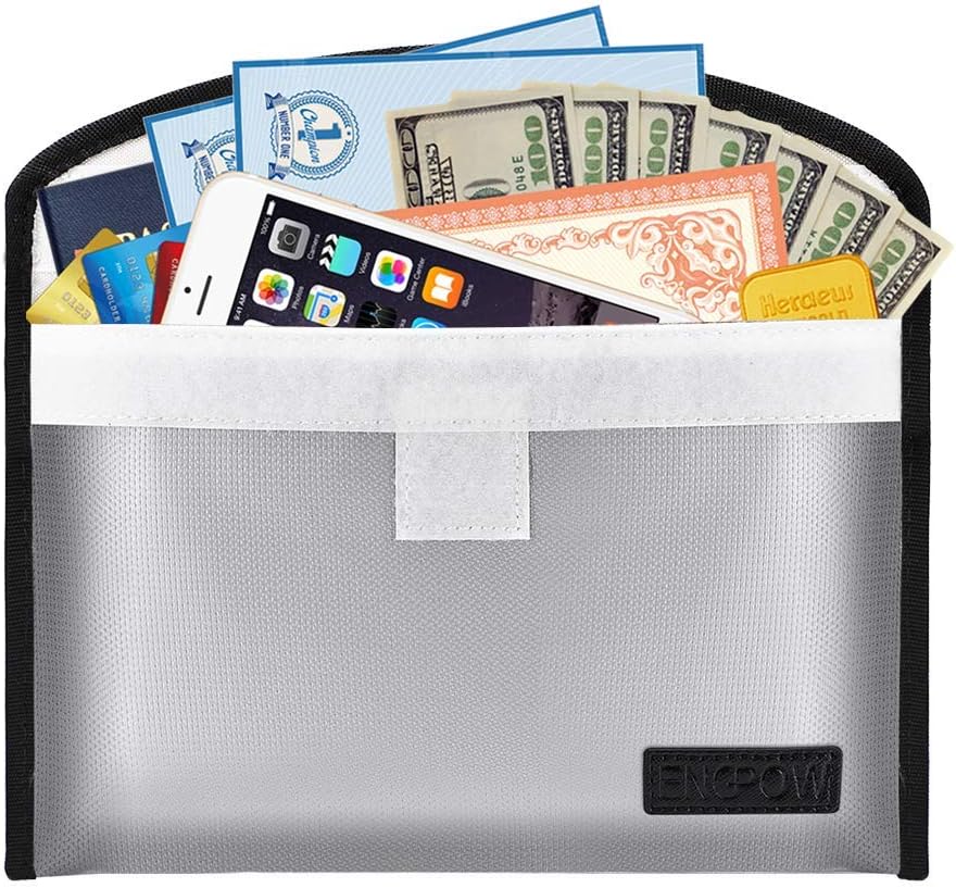 ENGPOW Small Fireproof Money Bag, 10.6"x6.7" Water-Resistant and Fireproof Safe Bag, Fireproof Document Bag for A5 Document, Passport, Jewelry, Invitations,Photos (Silver)