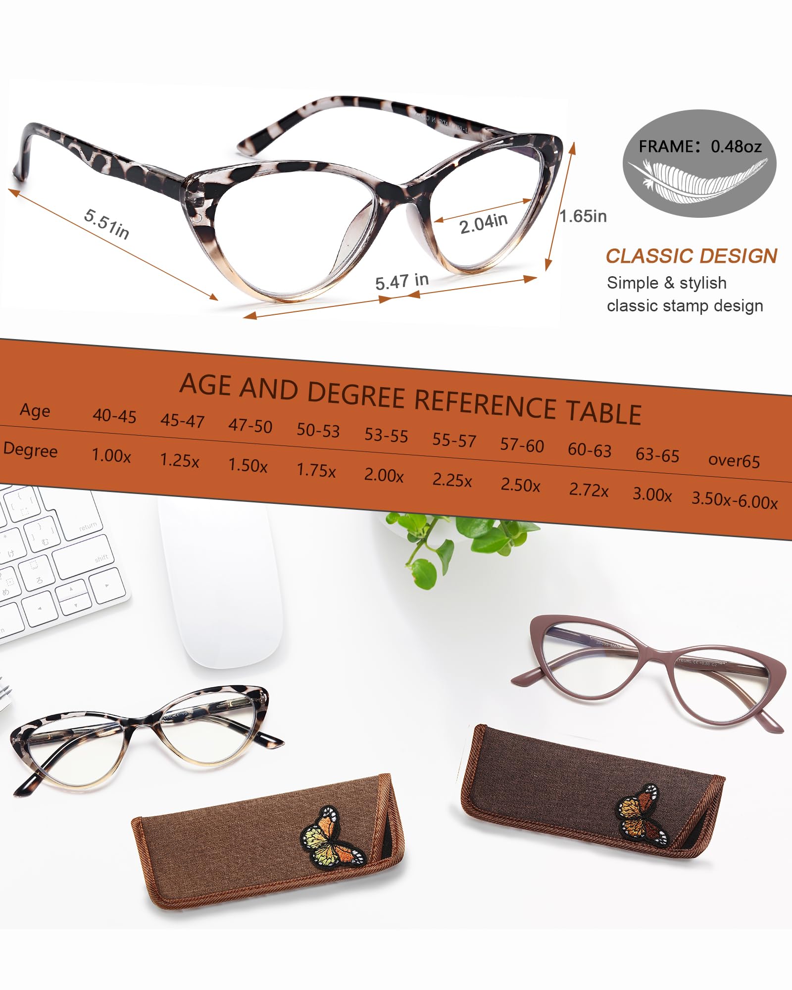 EYEURL Duże okulary do czytania dla kobiet, 5 sztuk, niebieskie okulary do czytania blokujące światło dla kobiet, modna kwadratowa ramka