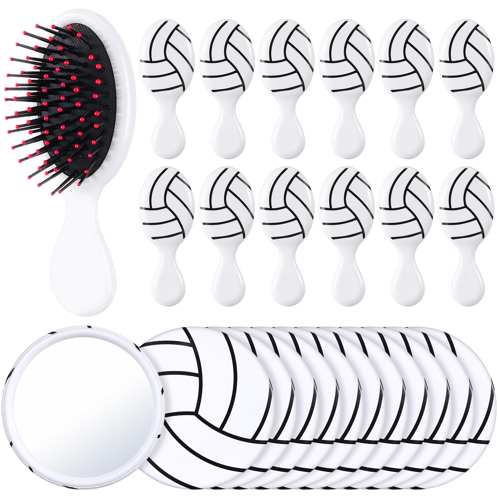 SiliFine 24 Pcs Volleyball Gifts for Team Bulk Include 12 Volleyball Air Cushion Hair Brush and 12 2.76 Inch Compact Mirror Round Makeup Mirror for