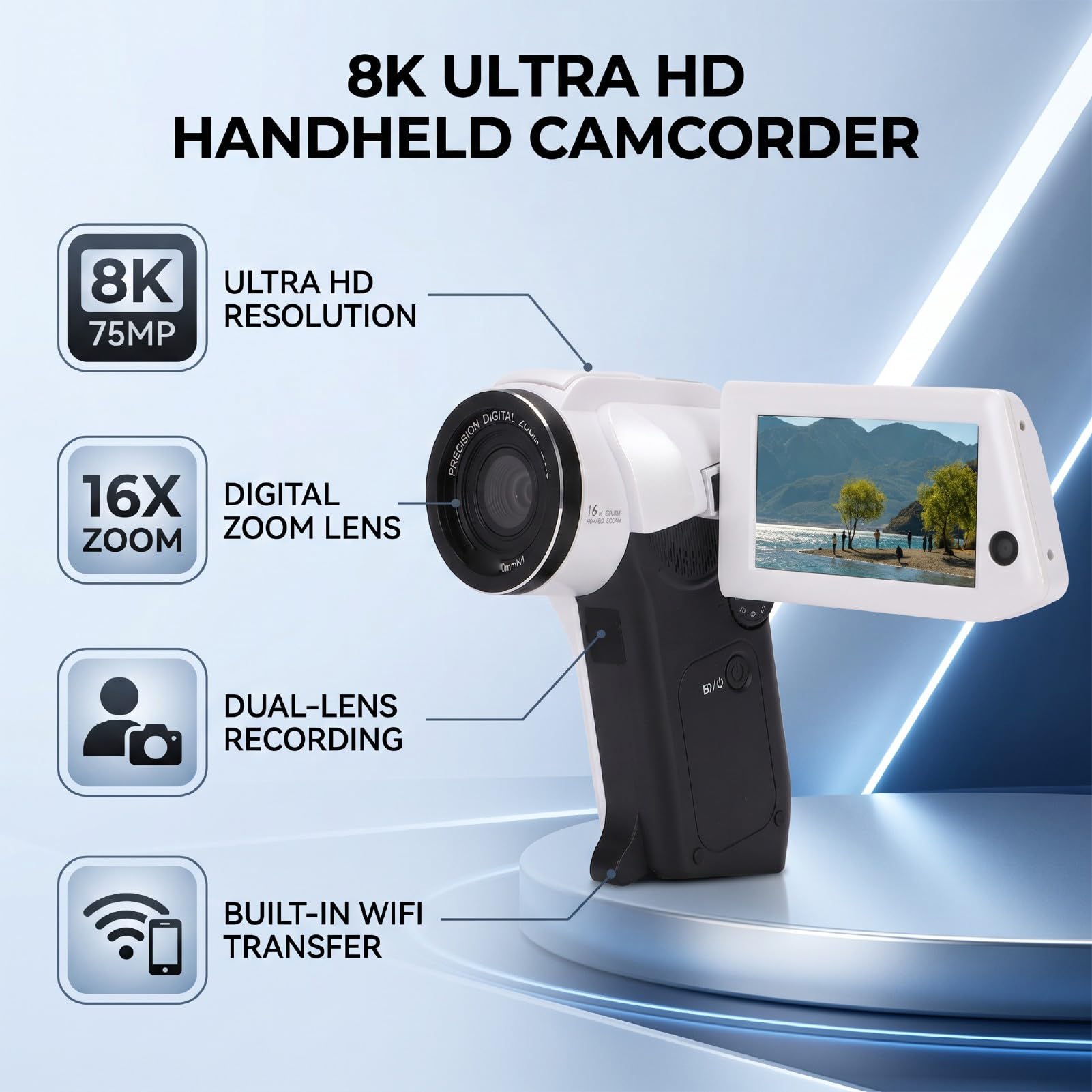 Fabater Videocamera, Videocamera Digitale 8K 75MP con Doppio Obiettivo, per Vlog WiFi con Zoom 16X, Videoregistratore con Schermo Girevole da 3 Pollici con Telecomando