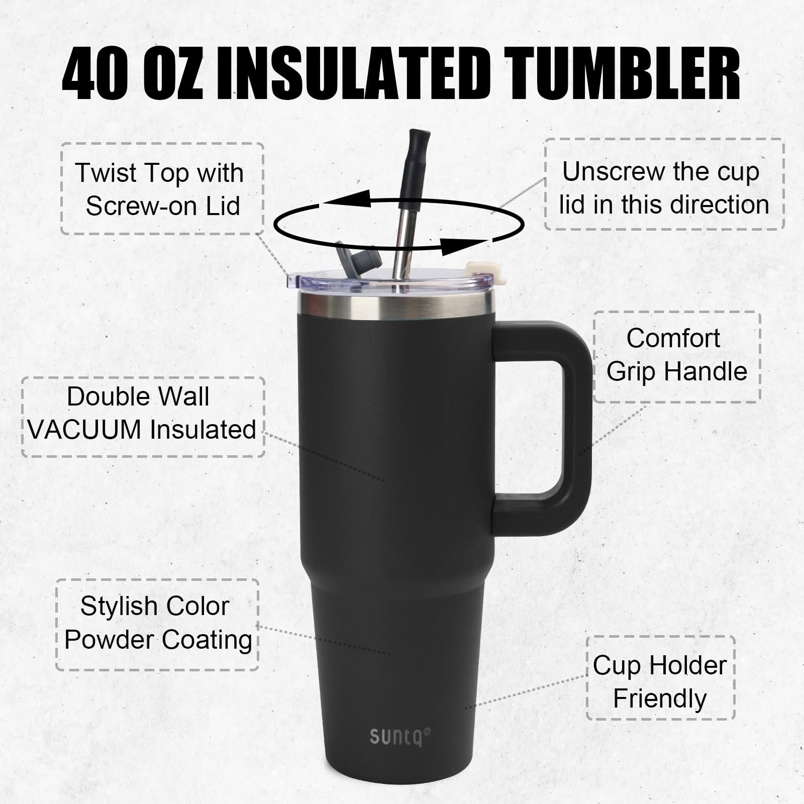 SUNTQ 40oz Tumbler with Handle, Double Wall Vacuum Insulated Water Bottle with Straw and Lid - Image 2