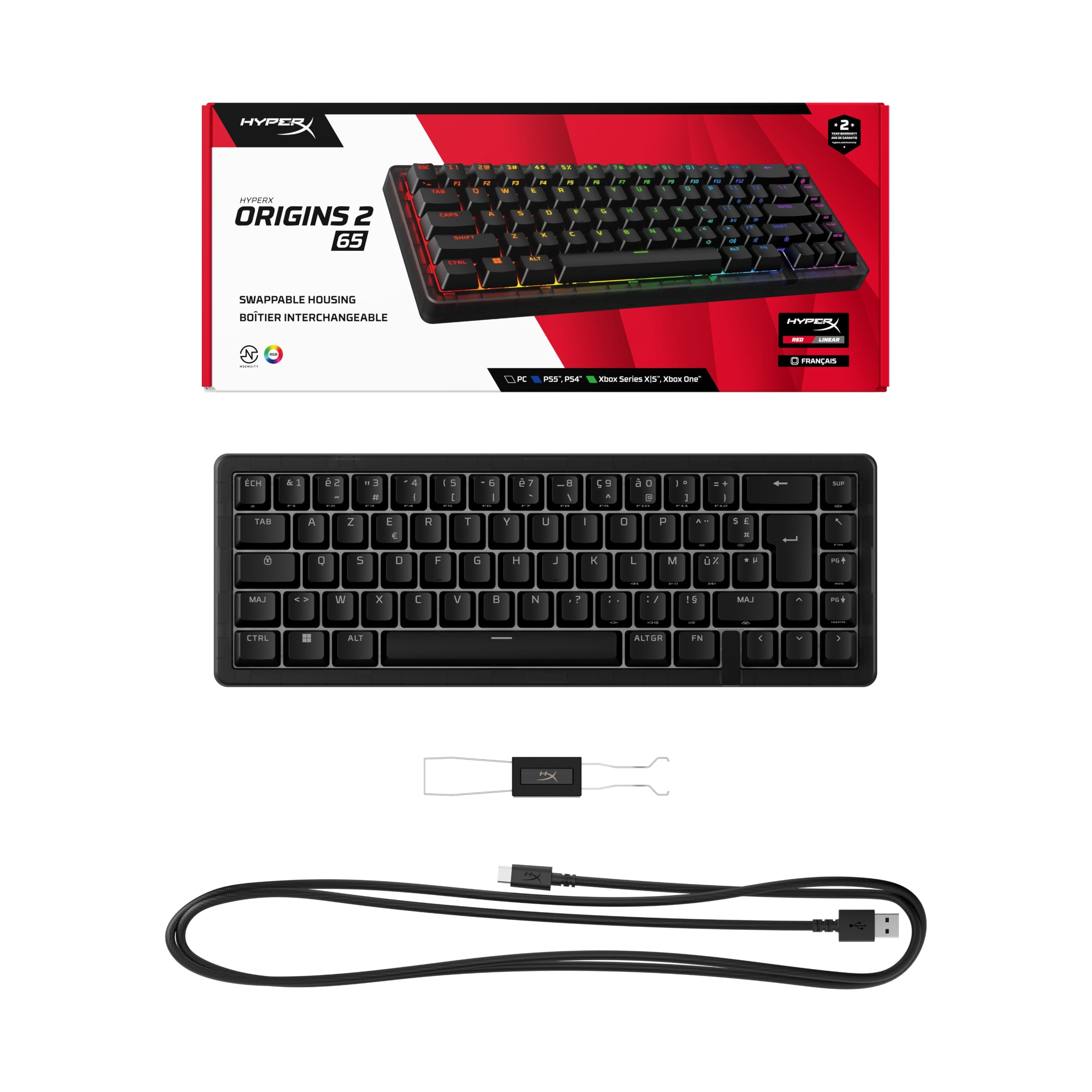 HyperX Origins 2 65, Clavier Gaming mécanique AZERTY FR, switches échangeables à Chaud, boîtier Personnalisable, Format Compact, Polling Rate 8000 Hz, RGB Personnalisable, PC/PS5/Xbox, Noir