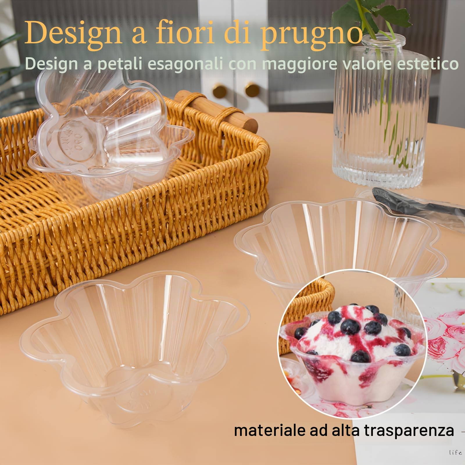 GOMETY 100 bicchieri da dessert in plastica, 250 ml, trasparenti con 100 cucchiai, mini tazze da dessert, riutilizzabili, motivo floreale, per dessert, budino, mousse