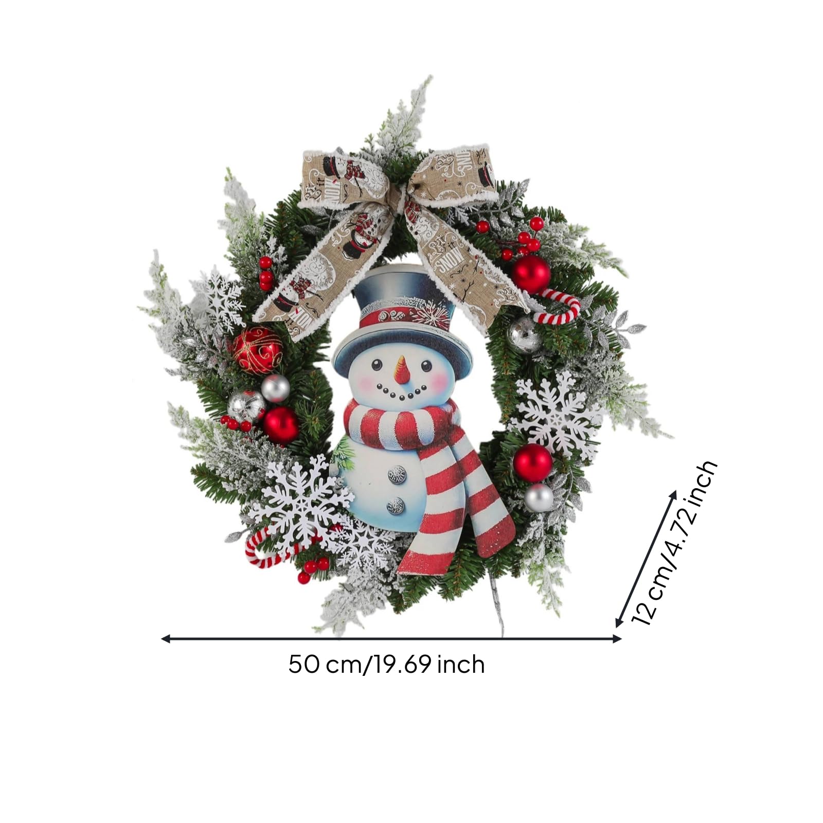 MERIGLARE Couronne de Noël Couronne Décorative Guirlande Ornement Foyer avec Flocons Baies et Boules sur Base de Sapin en Plastique avec Nœud Jute Convient à Porte d'Entrée Cheminée Salon50cm