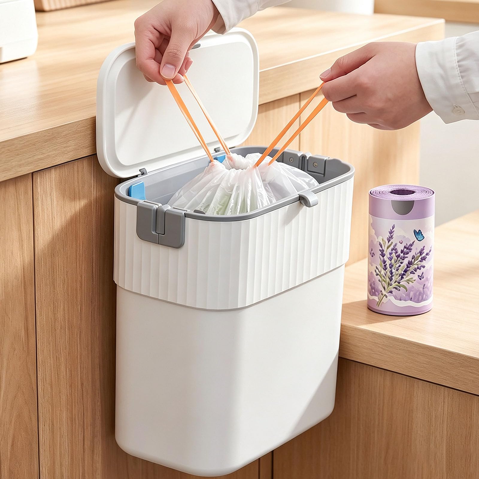 Pattumiera da cucina da 9 l, sottile, da appendere, per sottolavello, armadio, autosigillante, montaggio a parete, con coperchio, piccola pattumiera stretta con sacchetti profumati alla lavanda, per