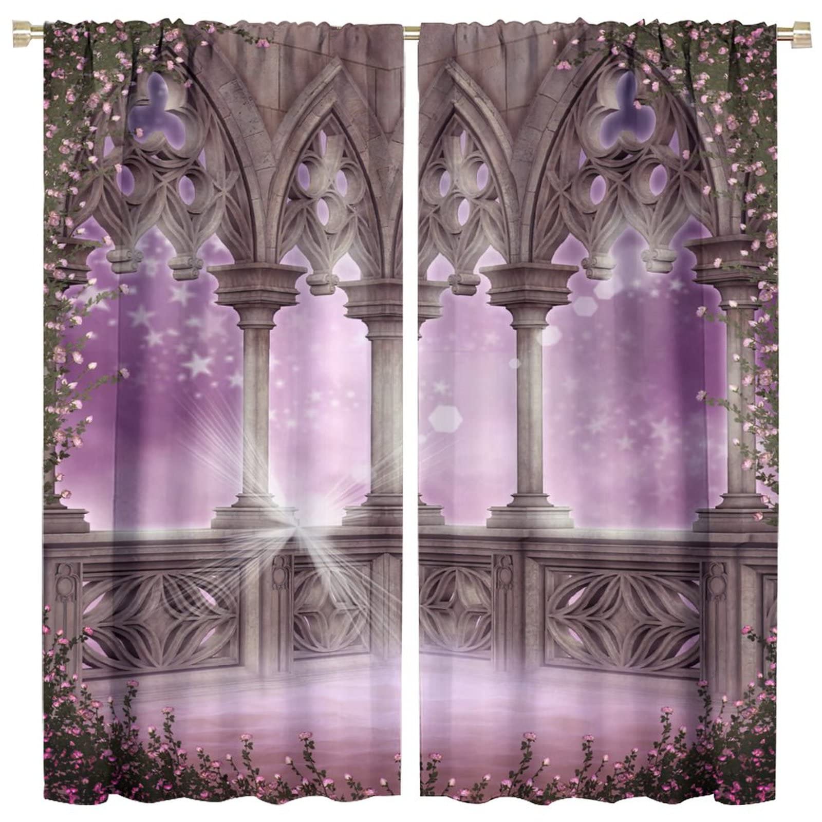 Gothic Castle Arch Curtains,Romantic Pink Roses Medieval Style Room Darkening Window Curtain Drapes for Living Room Bedroom Dining Room W42xL45in