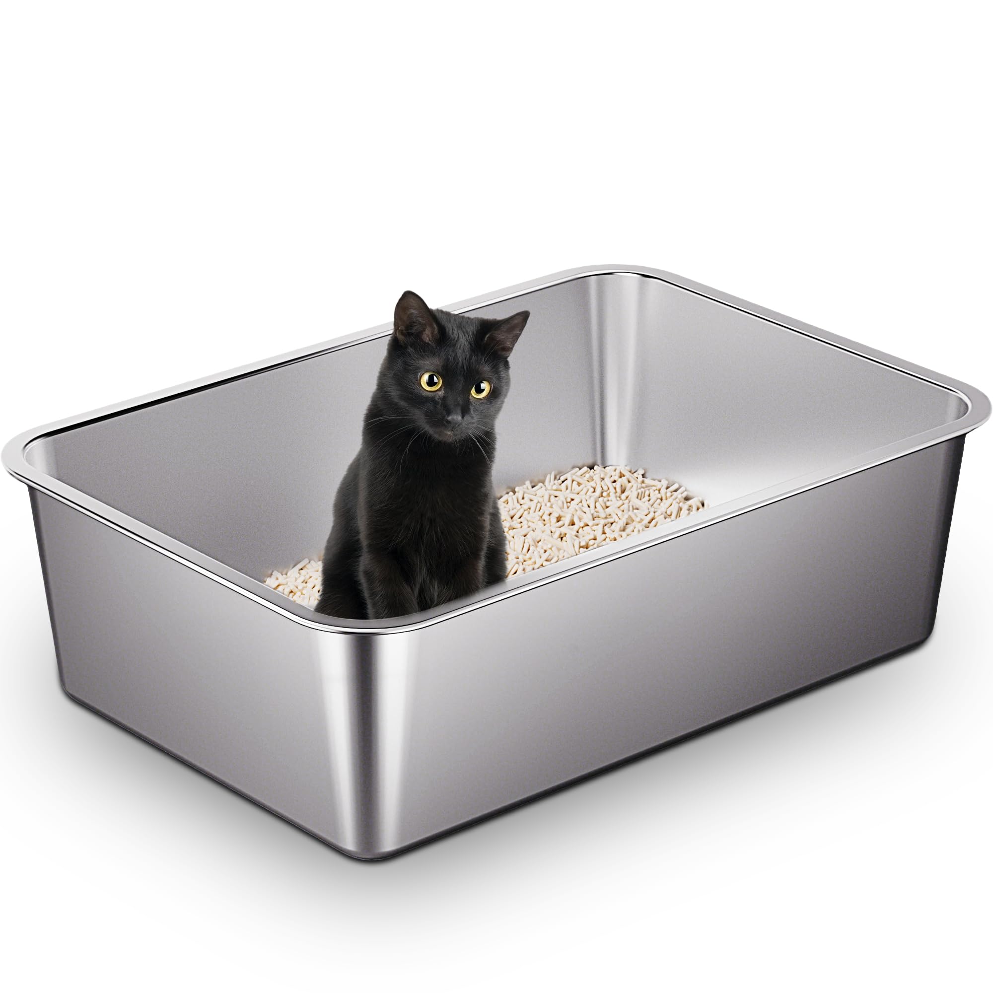 Vealind Stainless Steel Cat Litter Tray Heavy Duty 60L x 40W x10H CM, Metal Non Stick Surface Litter Box for Cats Anti-leakage Easy to Clean Open Top Kitty Litter Pan