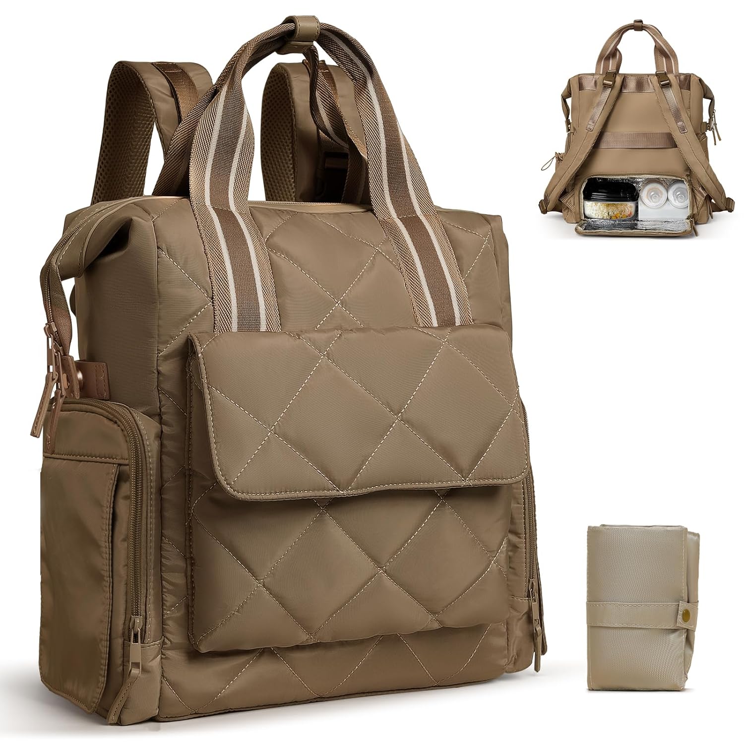 Omanmoli Diaper Bag Backpack Quilted Baby Diaper Bag Lunch Backpack Pañaleras Para Bebe for Working Moms with 11 Pouches,Large Insulated Cooler Compartment,Stroller Straps,Changing Pad,Black