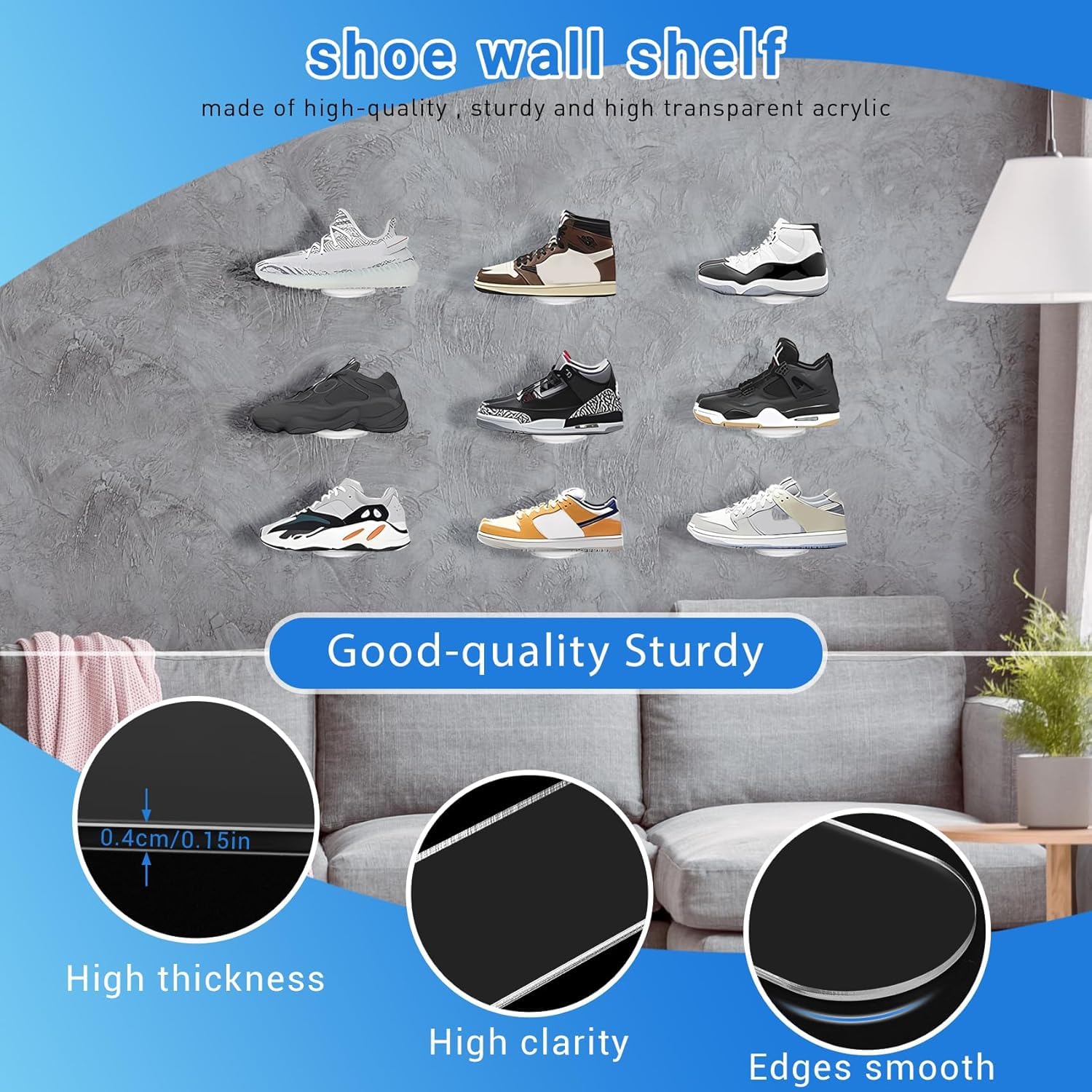 zilitol Floating Shoe Display Stand - 6 Shoe Shelf for Wall - Sneaker Levitation Display Shoe Wall Shelf, Transparent, 20 x 7.6 x 4 cm - Image 3