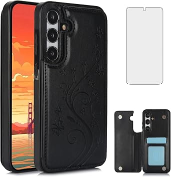 Asuwish Phone Case for Samsung Galaxy A35 5G with Tempered Glass Screen Protector and Card Holder Wallet Cover Stand Flip Leather Cell Accessories Glaxay A 35 35A A355G SM-A356U A356E Women Men Black