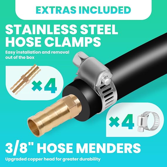 RQR 656ft Copperhead Weighted Pond Hose, 3/8 Sinking Aerator Tubing with Brass Fittings & Clamps, Flexible Fish-Safe Line for Pond Air Pumps, Diffuser Systems, Water Features
