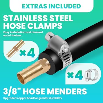 RQR 656ft Copperhead Weighted Pond Hose, 3/8 Sinking Aerator Tubing with Brass Fittings & Clamps, Flexible Fish-Safe Line for Pond Air Pumps, Diffuser Systems, Water Features