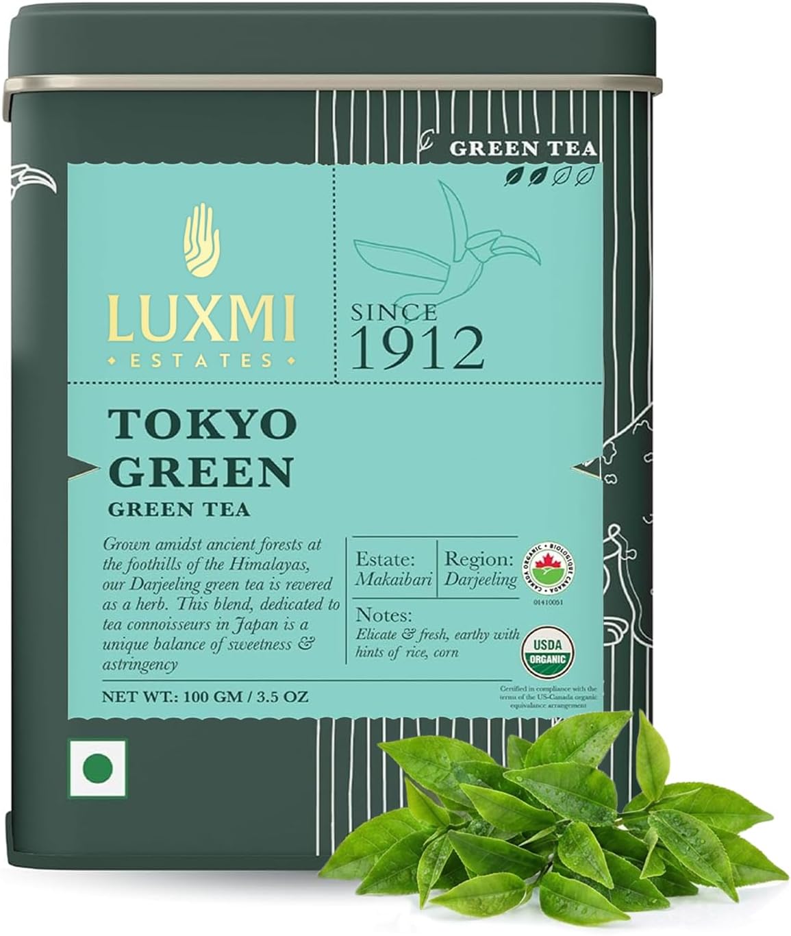 Luxmi Estates - Tokyo Green - Organic Makaibari Darjeeling Green Tea - Loose Leaf - 100g, 3.52 Oz (50 Cups) | From the Foothills of the Himalayas