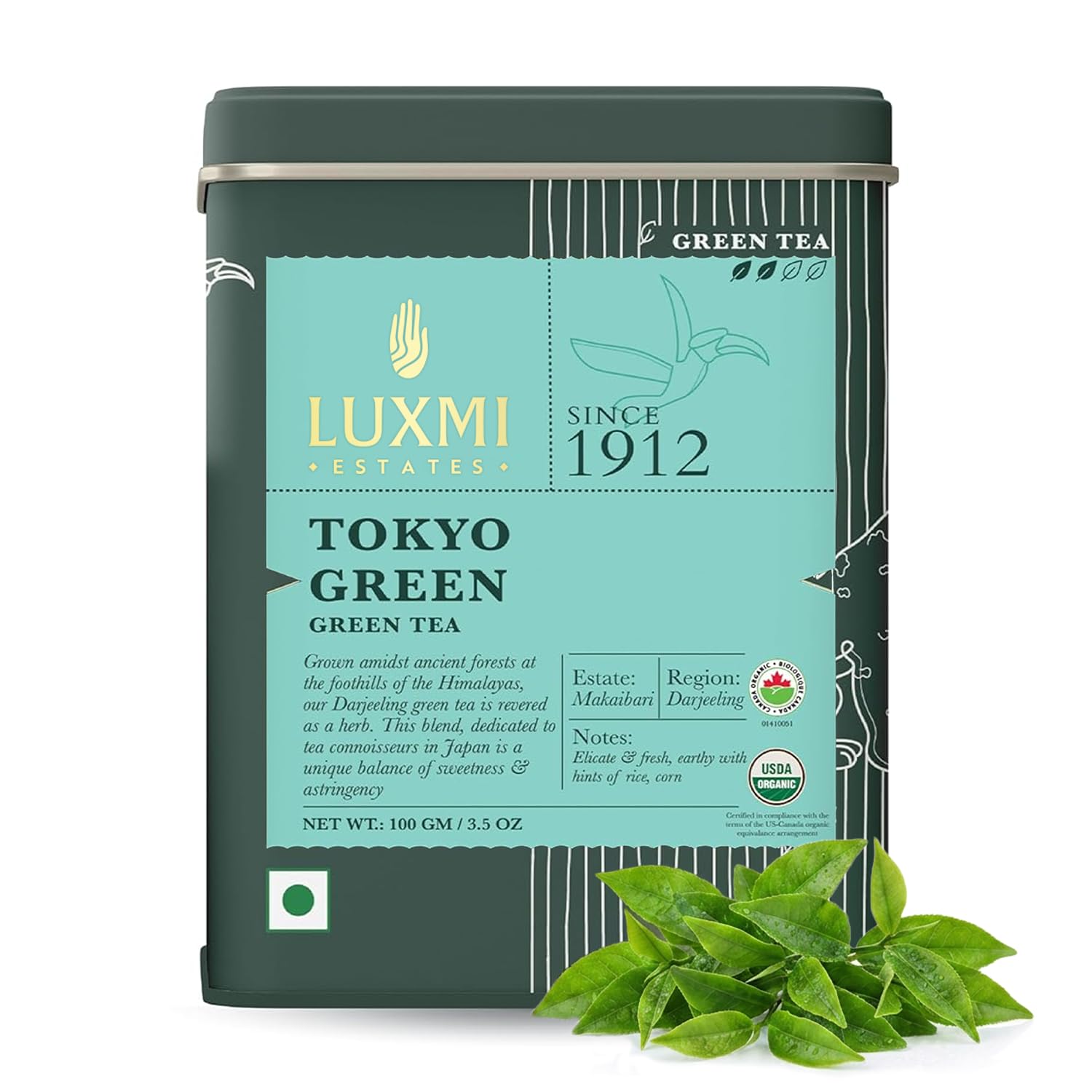 Luxmi Estates - Tokyo Green - Organic Makaibari Darjeeling Green Tea - Loose Leaf - 100g, 3.52 Oz (50 Cups) | From the Foothills of the Himalayas Organic Darjeeling Green Tea 100gm/3.52Oz