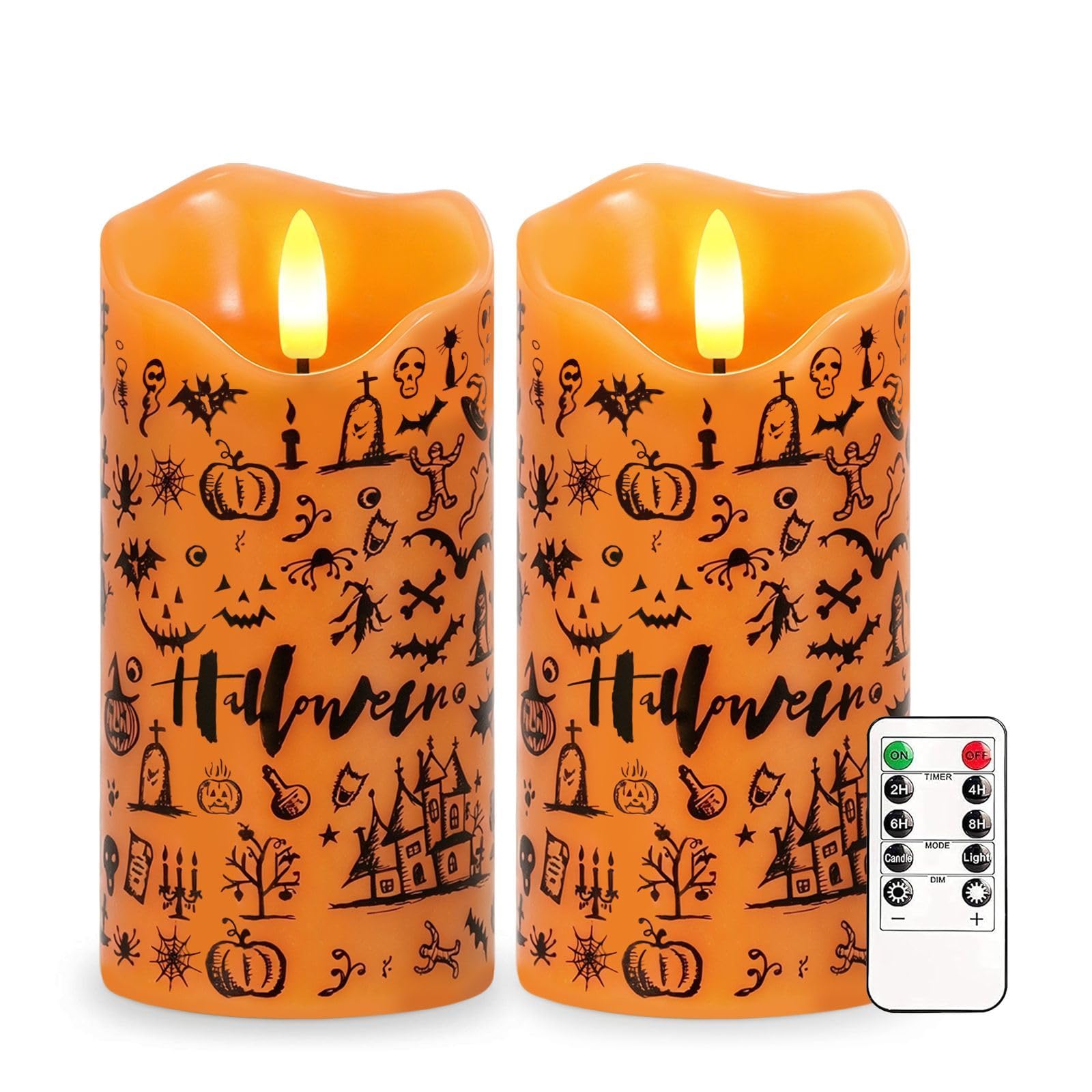 AVEKI Flameless Candle Light, Set of 2 6"x3" Flickering Christmas Flameless Candles with Remote & Timer, Dimmable Real Wax Pillar Candles Battery Operated, Decor for Home Xmas (Orange-Pattern) — image 1