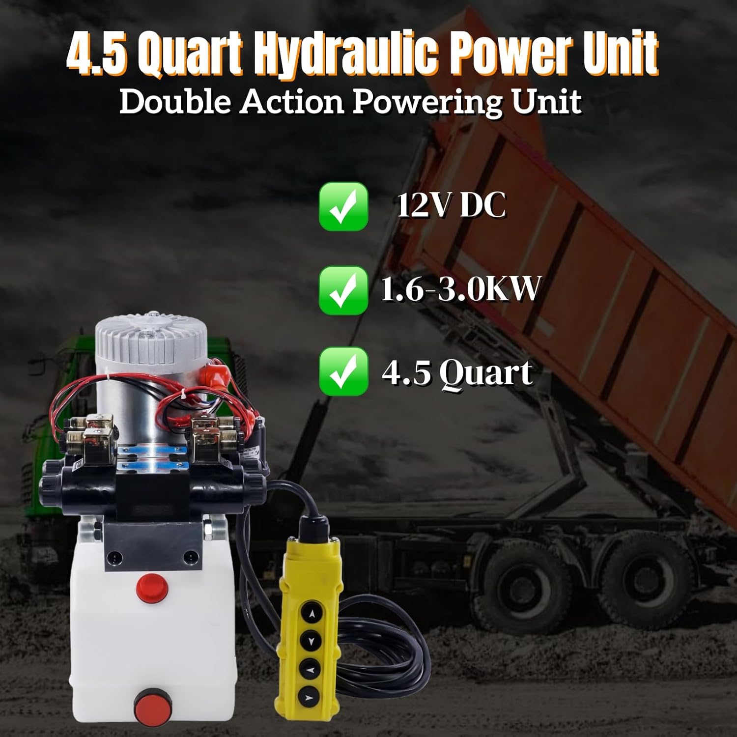 Hydraulic Pump, 4 Way Double Acting Hydraulic Power Unit, 12V DC Double Solenoid Electric Trailer Pump with 4.5 Quart Reservoir for Dump Trailer Car Lifting