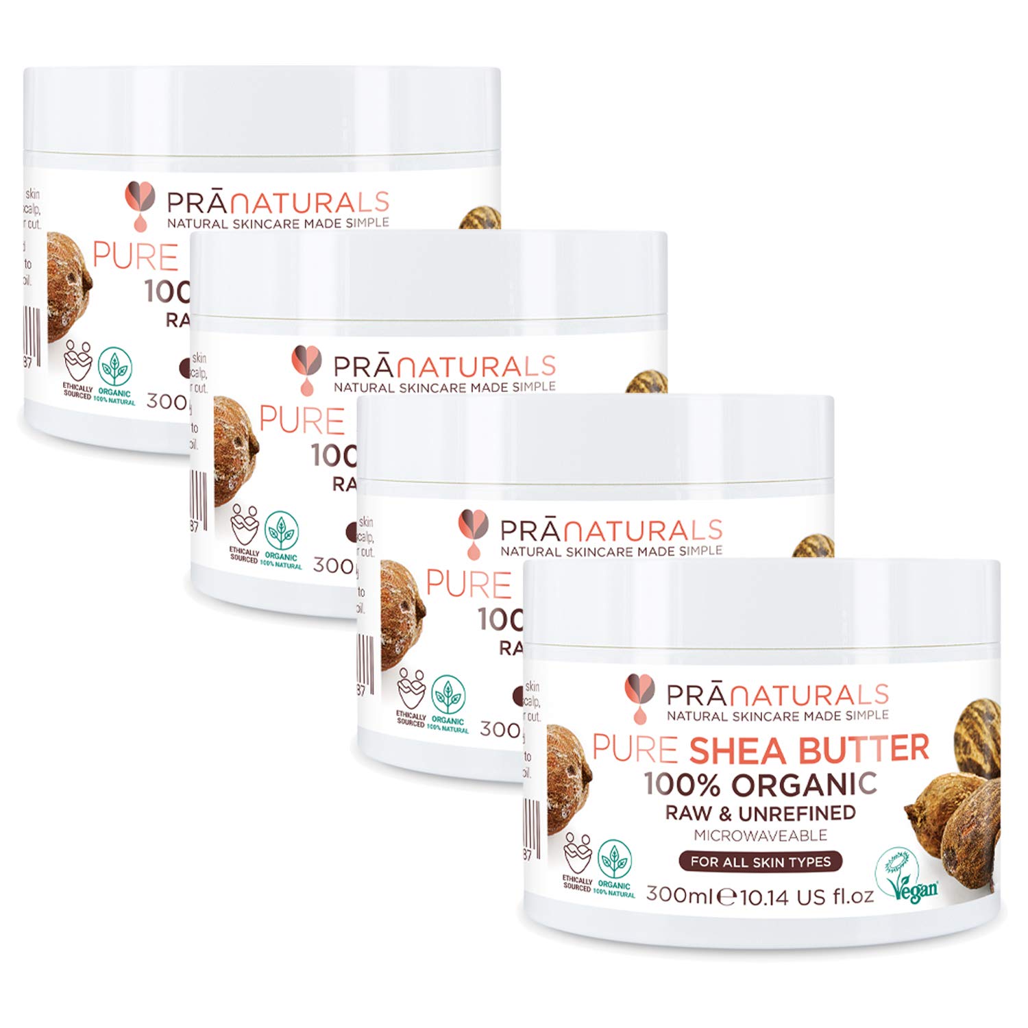 PraNaturals 100% Organic Shea Butter 300ml, Raw Unrefined Extra Virgin A Grade African Pure Ivory All-Natural, Smooth Shea Nut Lip Balm Body Butter Moisturiser All Skin Face Hair Type (4x 300ml)
