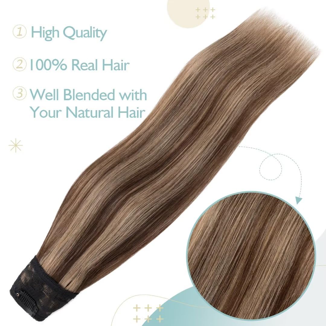 TESS Clip In Hair Extension 16 Inch,Hair Extensions Real Human Hair One Peice U-Shaped Balayage Straight Hairpieces for Women/Ladies/Girls(#4/27 Medium brown&Dark blonde,16Inch) - Image 4