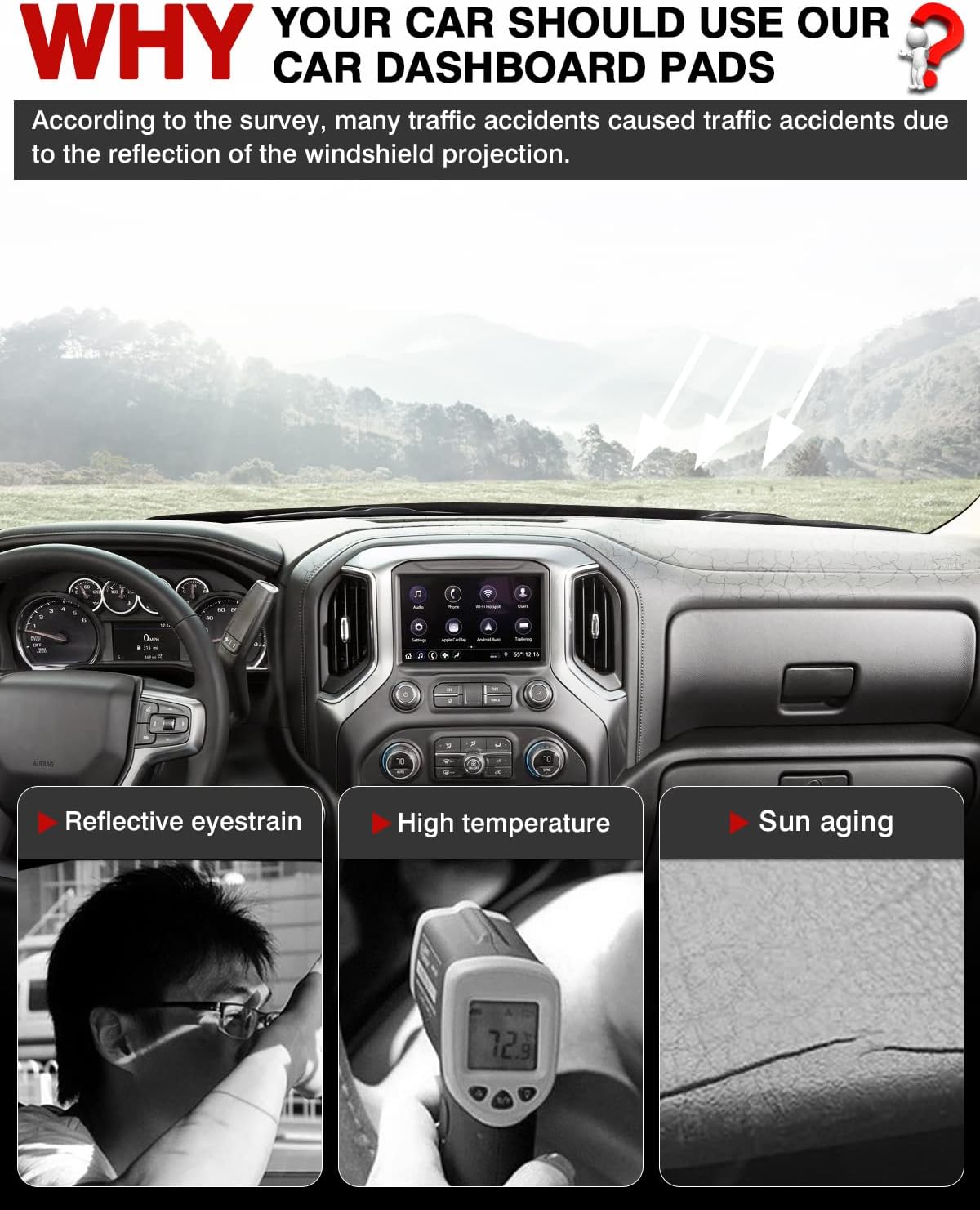 Autorder Dashboard Cover Mat for 2014-2018 Chevy Chevrolet Silverado/GMC Sierra 1500, 2015-2019 Silverado/GMC Sierra 2500HD 3500HD Accessories Dash Cover Flannel Sunshade Glare UV Rays Protector