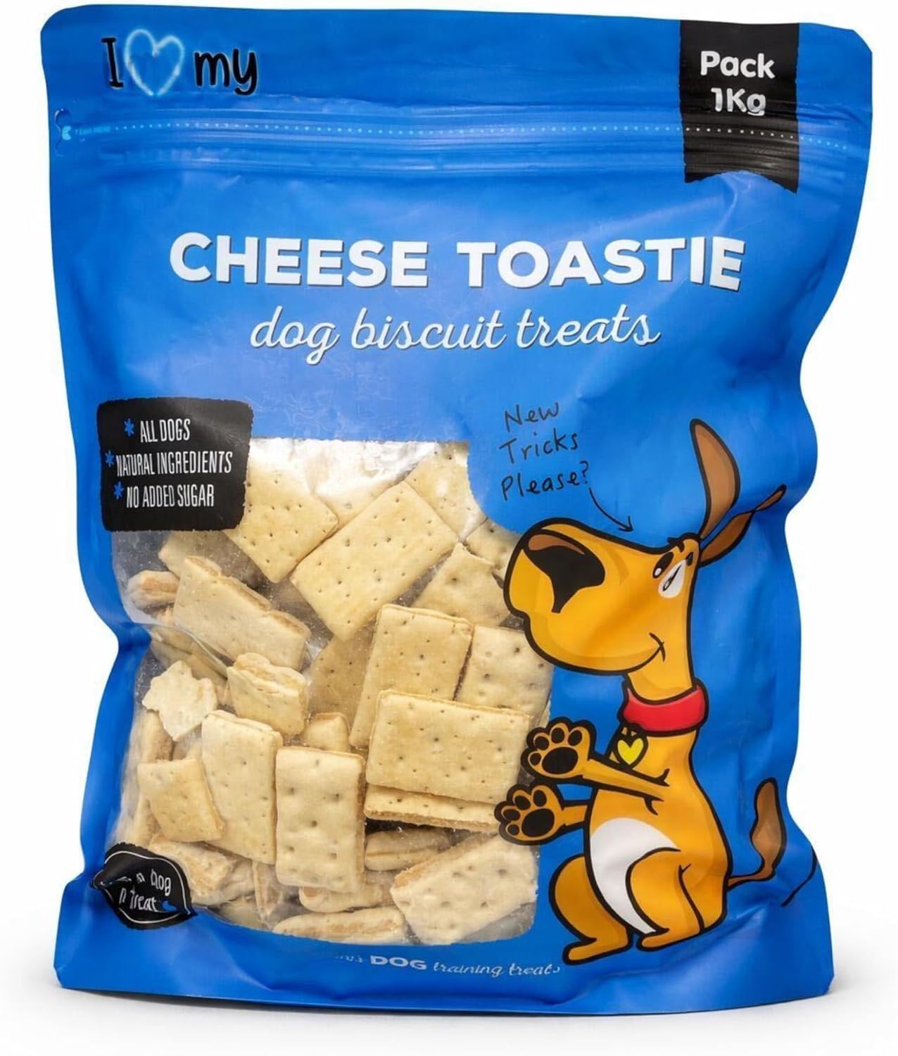 I Love My Cheese Toastie Dog Biscuit Treats 1kg | Natural Dog Treats with Cheese Flavour | No Added Sugar | Crunchy Oven Baked Training Rewards | Suitable for Small, Medium & Large Dogs