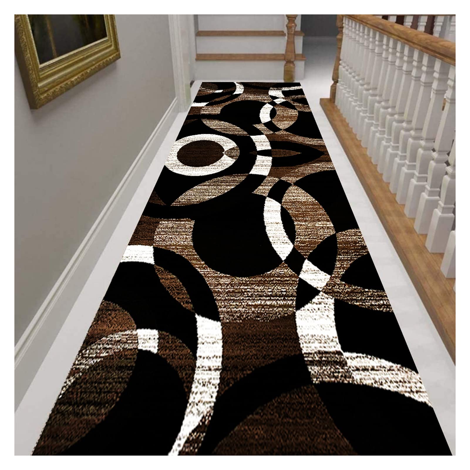 Tapis de Couloir Passage 80X420CM Antidérapant Style Géométrique, Tapis Long Marron, Noir, Blanc Polyester Lavable pour Couloir, Entrée Étroite Salon Runner Rug Moderne Tapis