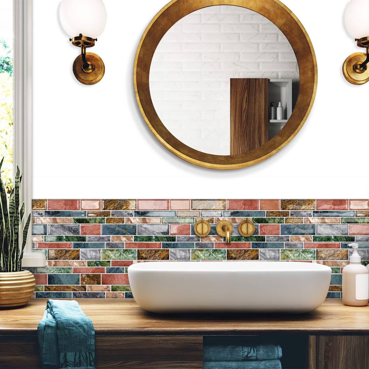 Crystiles Peel And Stick Vinyl Wall Tile - Multi-Color Marble Backsplash Sample, 10x10 Inch
