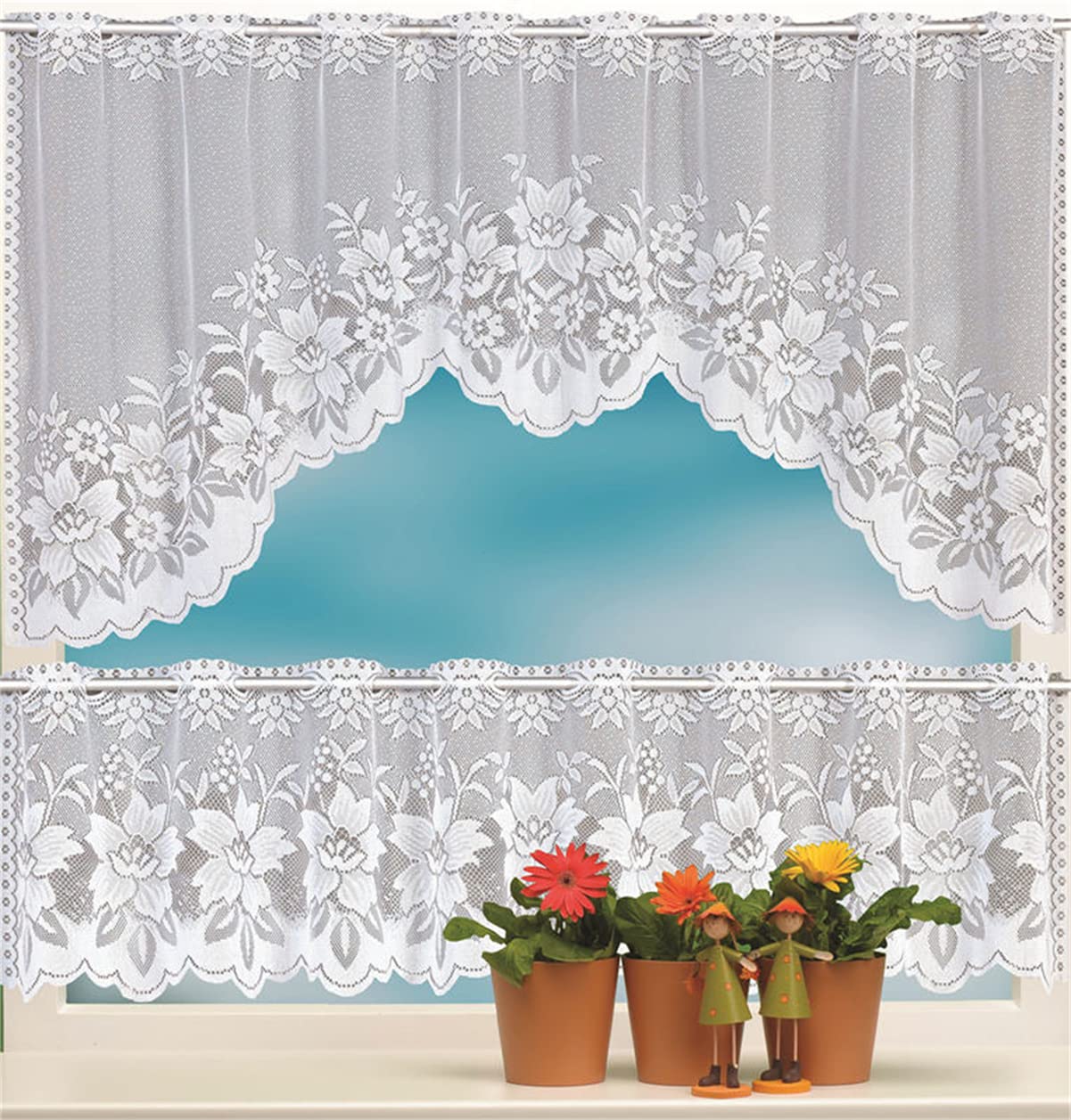 SWECOMZECurtain, 2-Piece, White Floral Pattern, Transparent Bistro Curtain, 60x160 cm & 30x160 cm, Jacquard, Kitchen & Living Room
