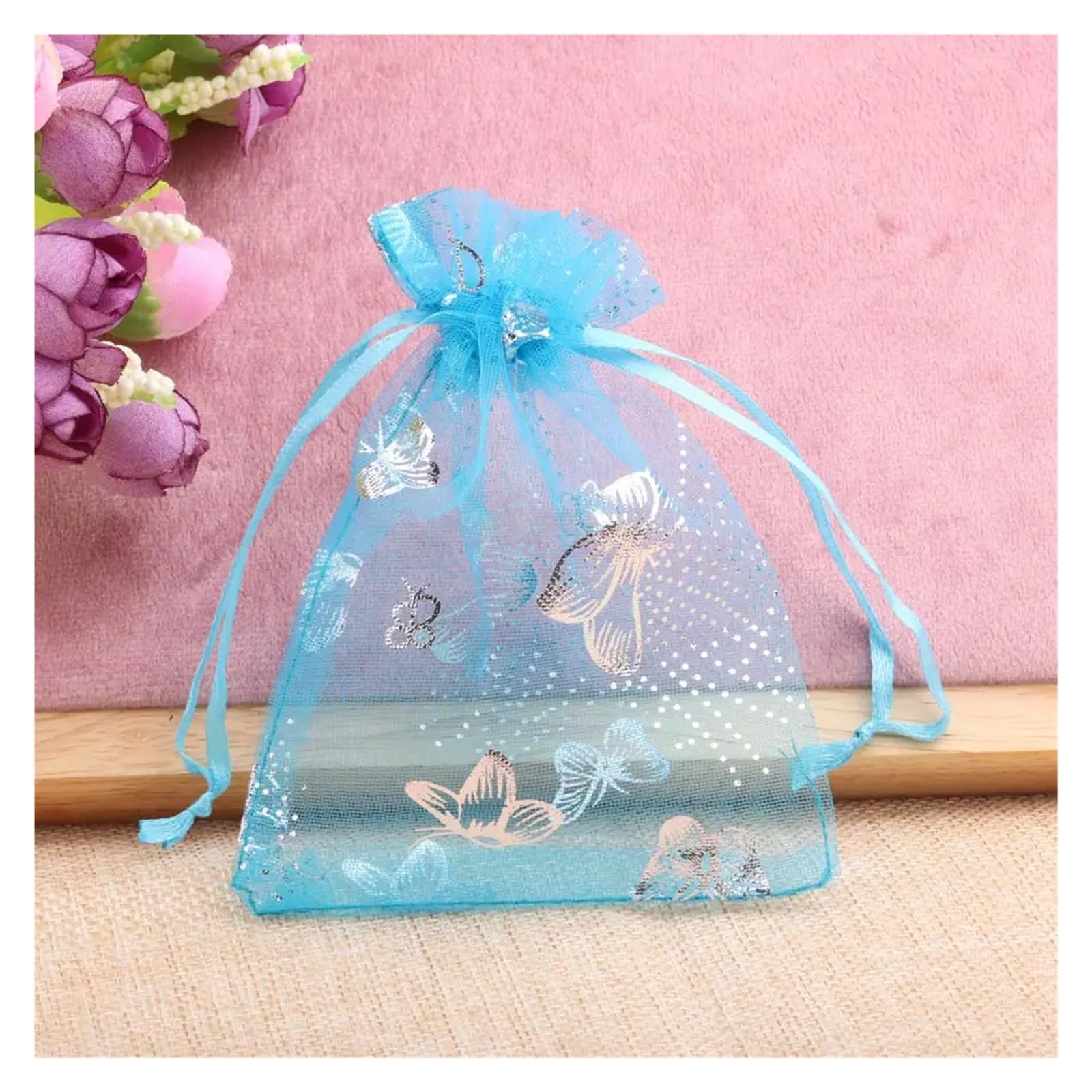 Pochon Tissu Lot de 50 sachets Cadeaux en Organza avec Motif Papillon et Cordon de Serrage(6light Blue,13x18cm)
