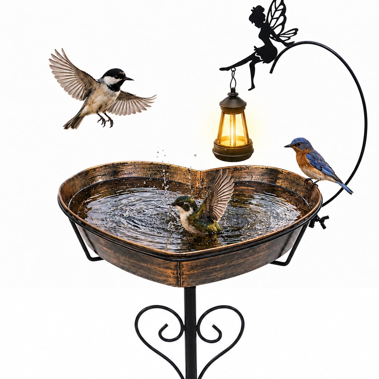 Goodeco Solar Garden Metal Heart Birdbath Stake with Hanging Lantern