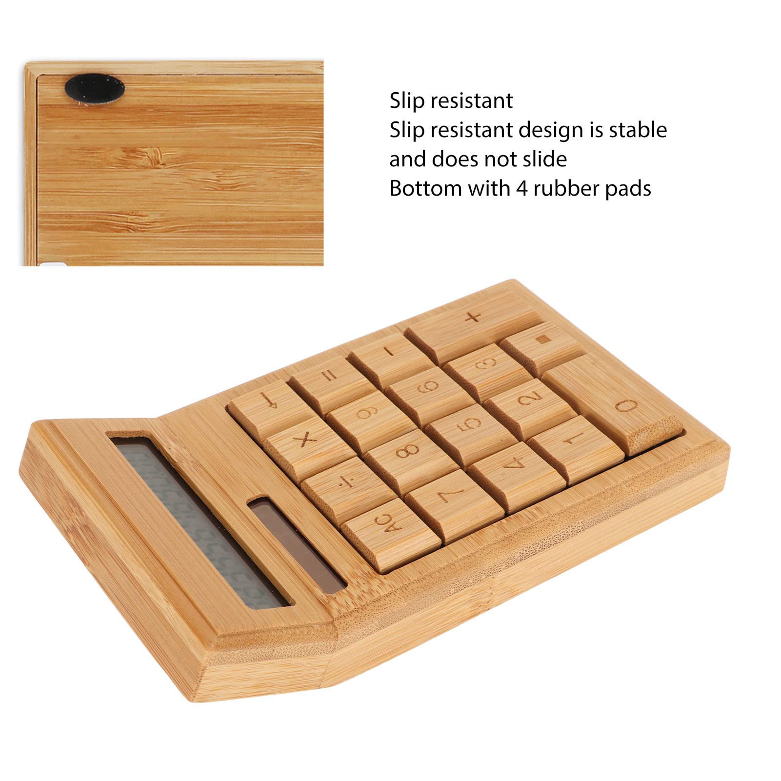 Calcolatrice da scrivania in bambù, display LCD a 12 cifre, tasti grandi, alimentazione solare e a batteria, per ufficio, casa, 170 x 82 x 19 mm, 1 pezzo