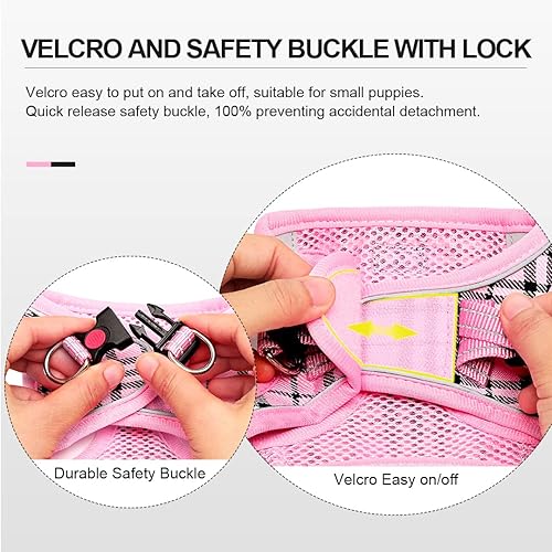 Miniatura 7 de Juego de arnés y correa para perro, arnés reflectante transpirable para cachorros, gatos, chaleco para perros pequeños y medianos (cuadros rosados,