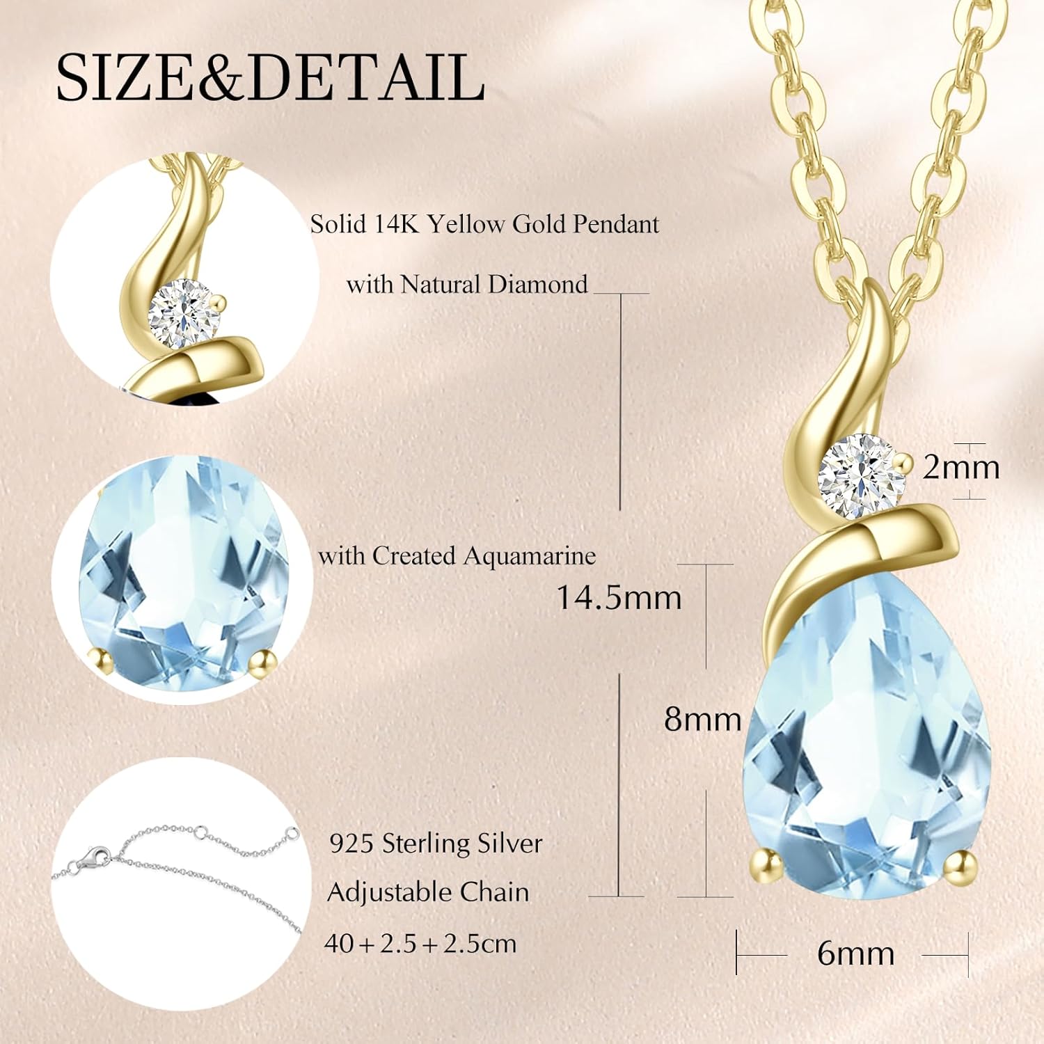 FANCIME 14K Solid Yellow Gold Birthstone Pendant Necklace for Women with Diamond Pear Shaped Teardrop Necklace Birthday Gifts for Mom Women Sterling Silver Chain 16" + 2" Extender