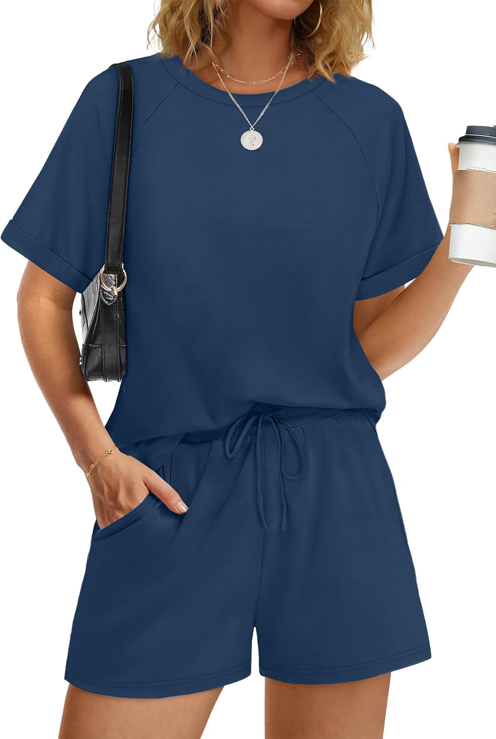 Desol Women's 2 piece summer tracksuit, short sleeve and shorts, soft and breathable fabric, loose sportswear for leisure, home and holiday