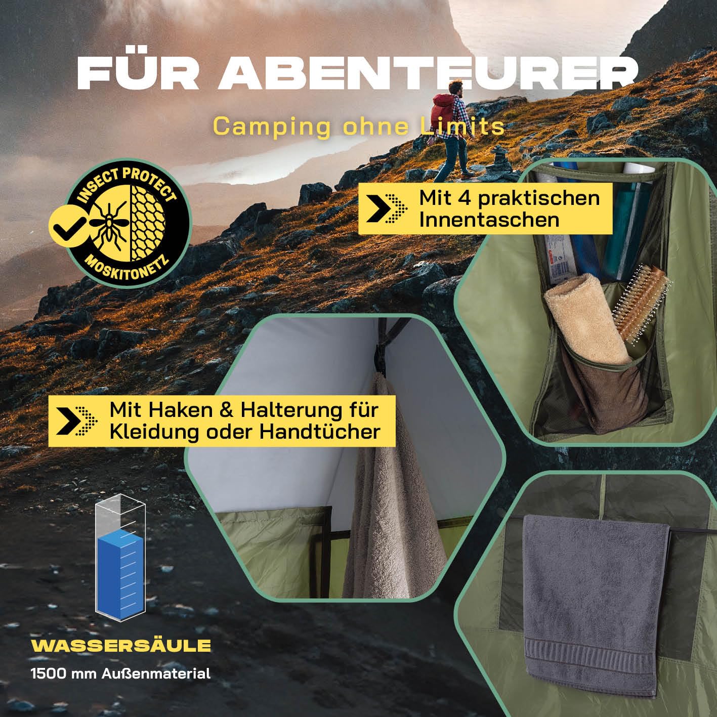 LUMALAND Tenda da doccia di alta qualità + doccia da campeggio con batteria, ideale per campeggio, festival e pesca, impermeabile e antivento, tenda per WC per interni ed esterni, con doccia esterna e