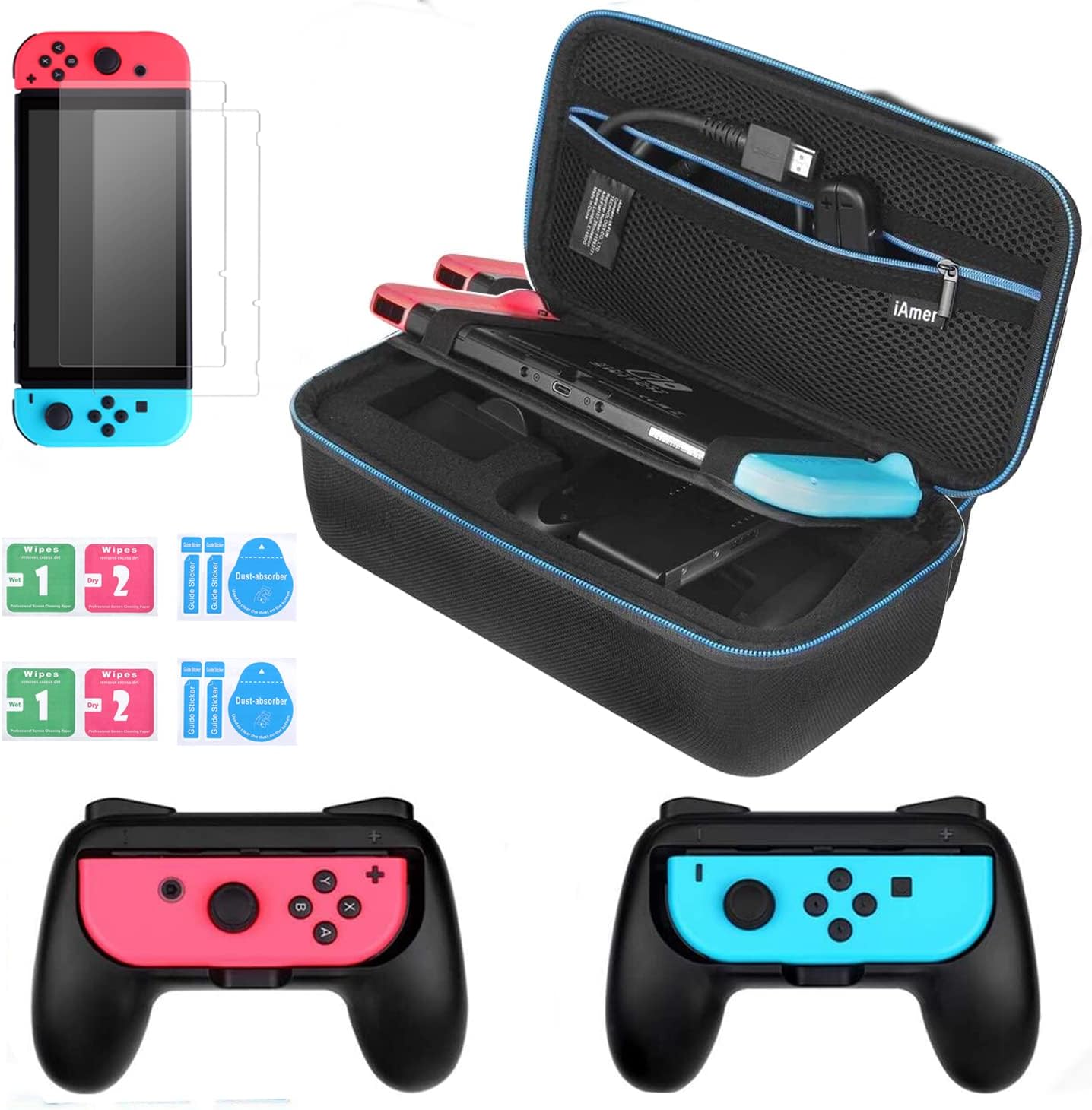 iAmer 6 in 1 Accessories Kit for Nintendo Switch , Carry Case + 2pcs screen protect Film for Nintendo Switch Console +2 Grips for Nintendo Switch Joy-Con