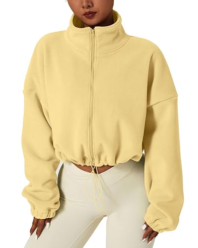 QINSEN Women's Full Zip Fleece Short Jacket Warm Winter Long Sleeve Stand Collar Sherpa Crop Coat - Small - Cream Yellow
