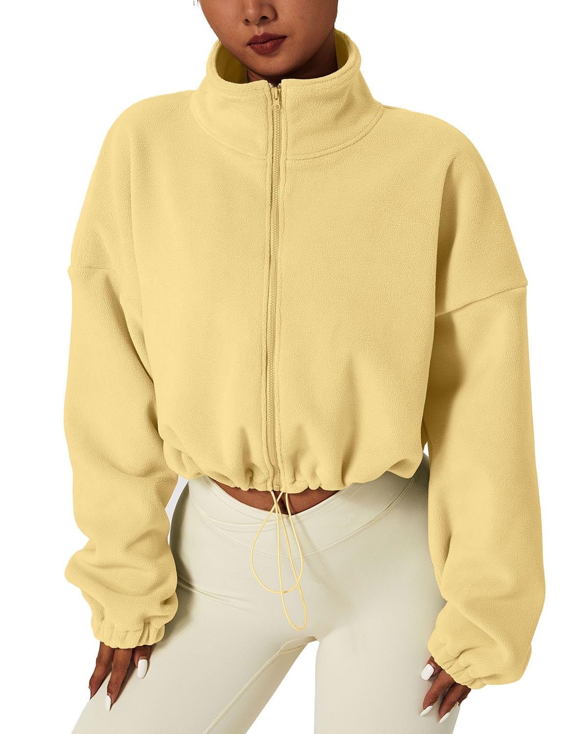 QINSEN Women's Full Zip Fleece Short Jacket Warm Winter Long Sleeve Stand Collar Sherpa Crop Coat