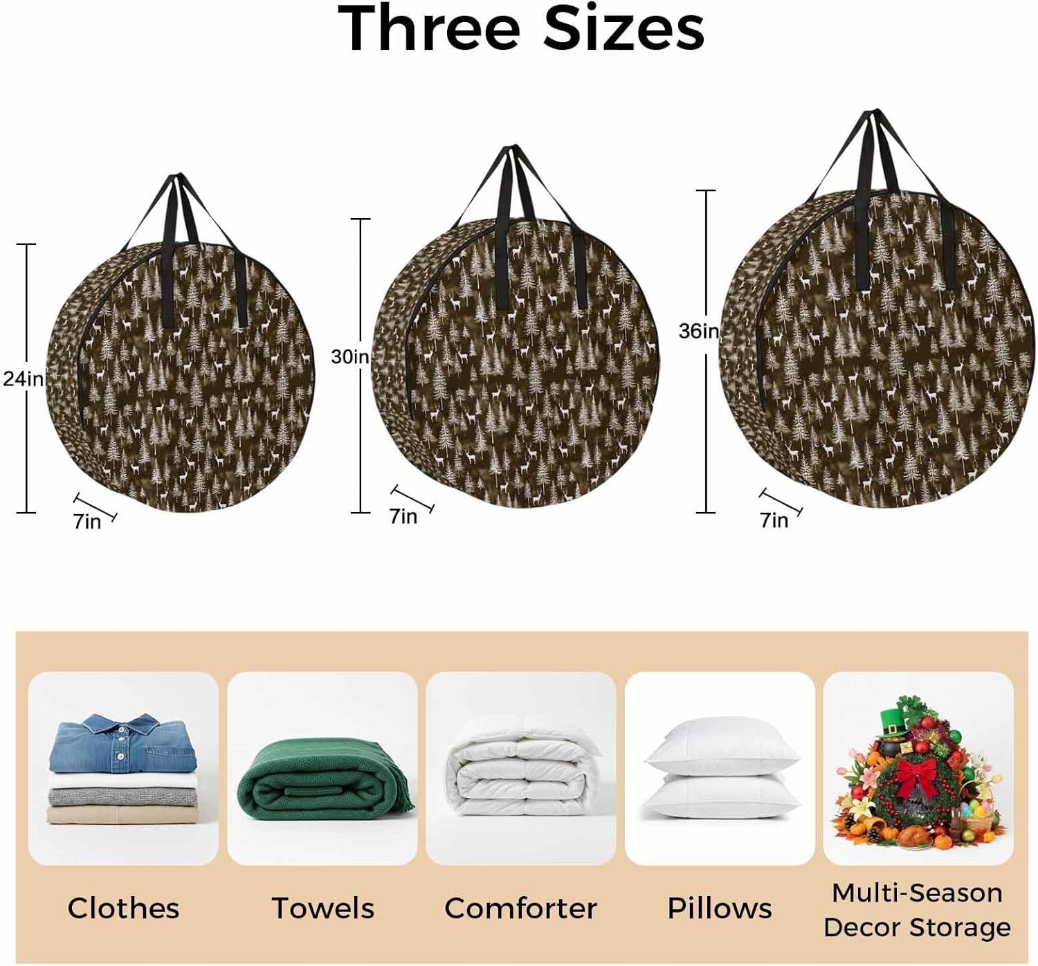 Forest Elk Pine Round Storage Bag 24 Inch, Winter Christmas Dark Brown Background Clothes Storage Container with Handles Heavy Duty Organizer for Comforter, Bedding & Holiday Wreaths