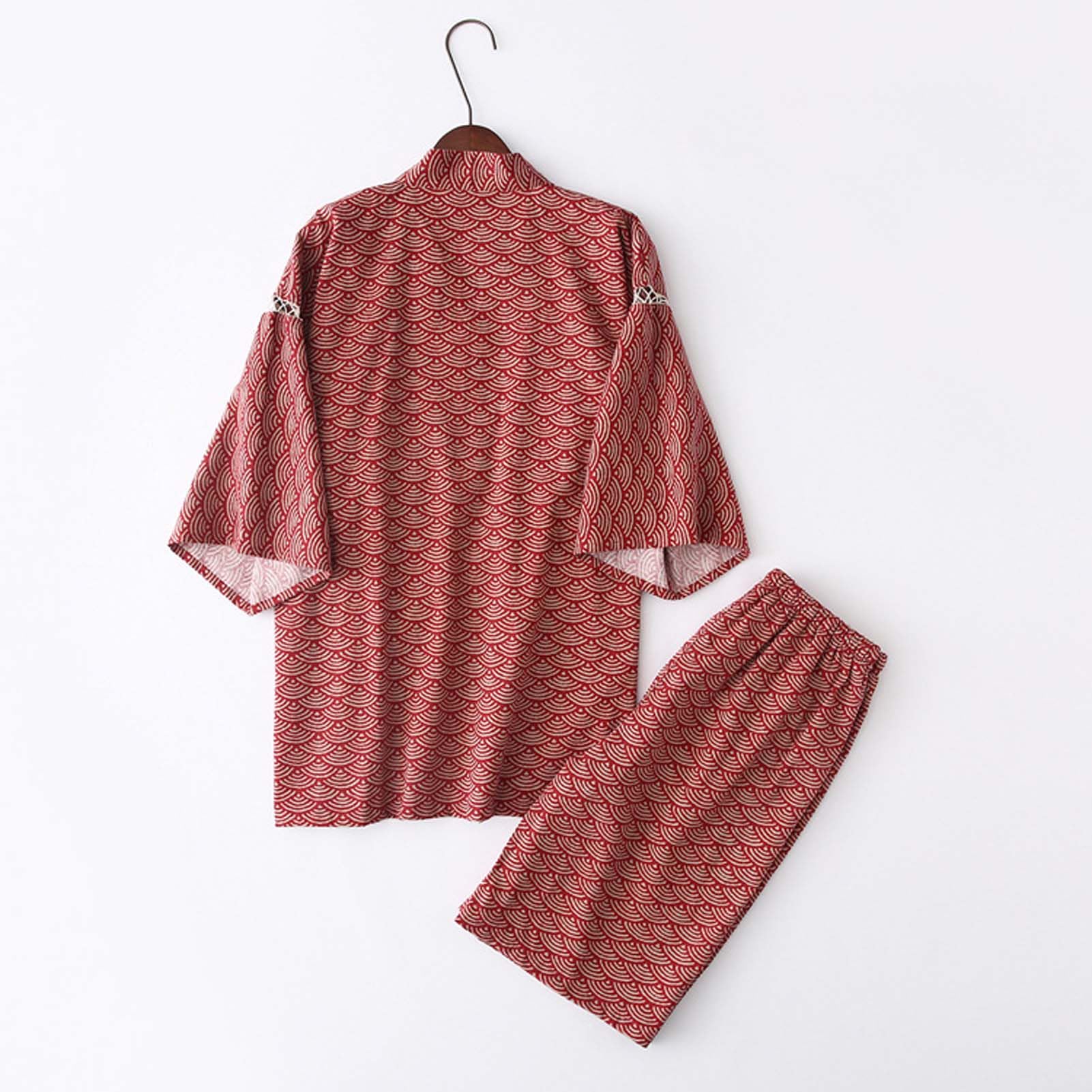 ZEALMAX Kimono japonés Camisa y Pijama Corto para Mujer, Ropa de Descanso de algodón, Conjunto de Bata de baño, Olas Rojas, Talla única