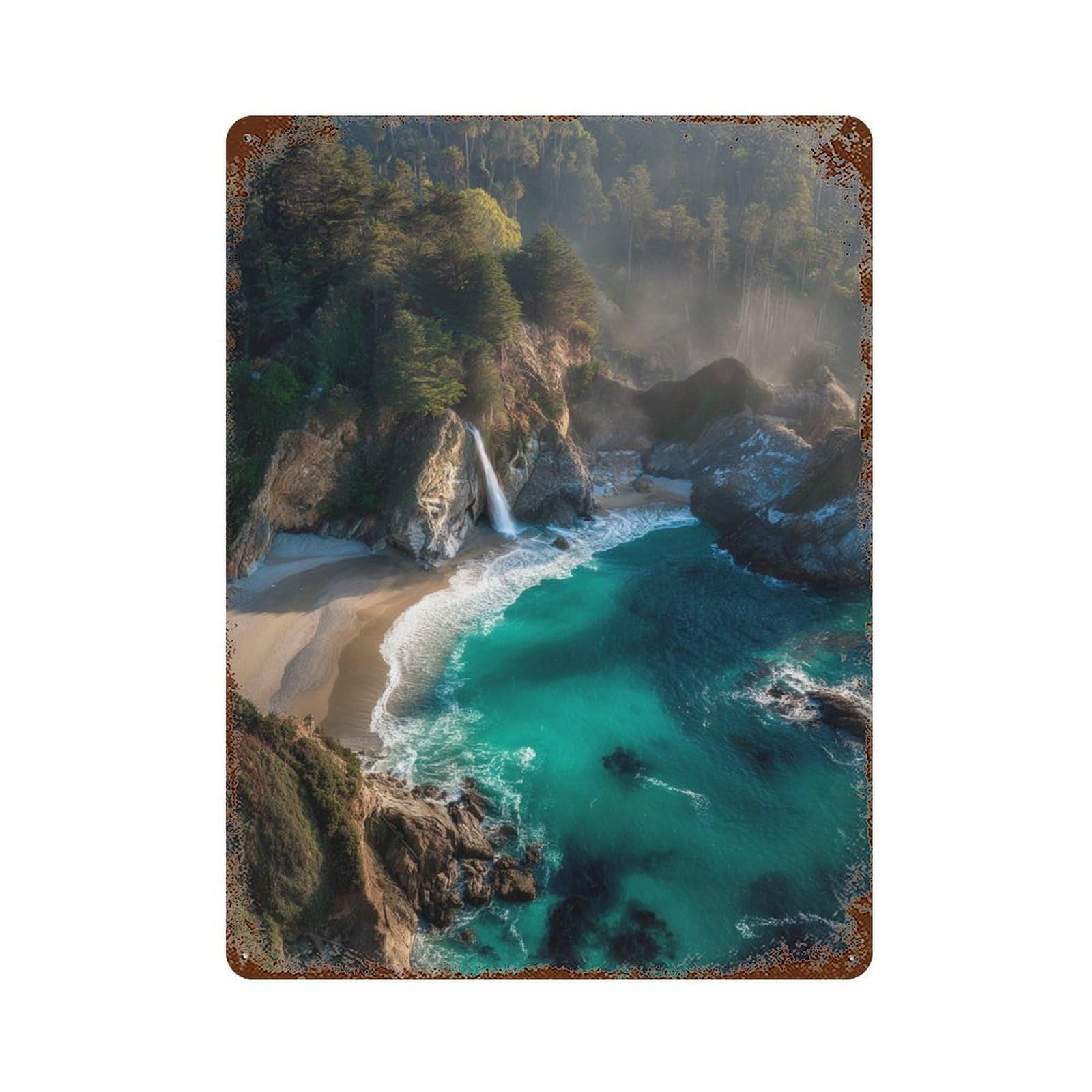 Distressed Metal Wall Sign Amazon Rainforest Waterfall Beach -2 15.7"x11.8", Shabby Chic Decor for Patio, Garden Room And Bar Decor